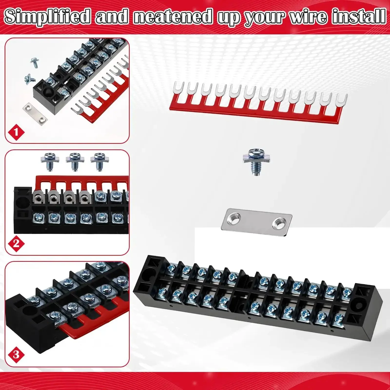 20 Pcs 10 Sets Terminal Block 12 Position Dual Row 15A 600V Screw Terminal Strip With Cover And 12 Position Pre Insulated Terminals Barrier Strips Jumpers Black And Red For DIYers - Image 4