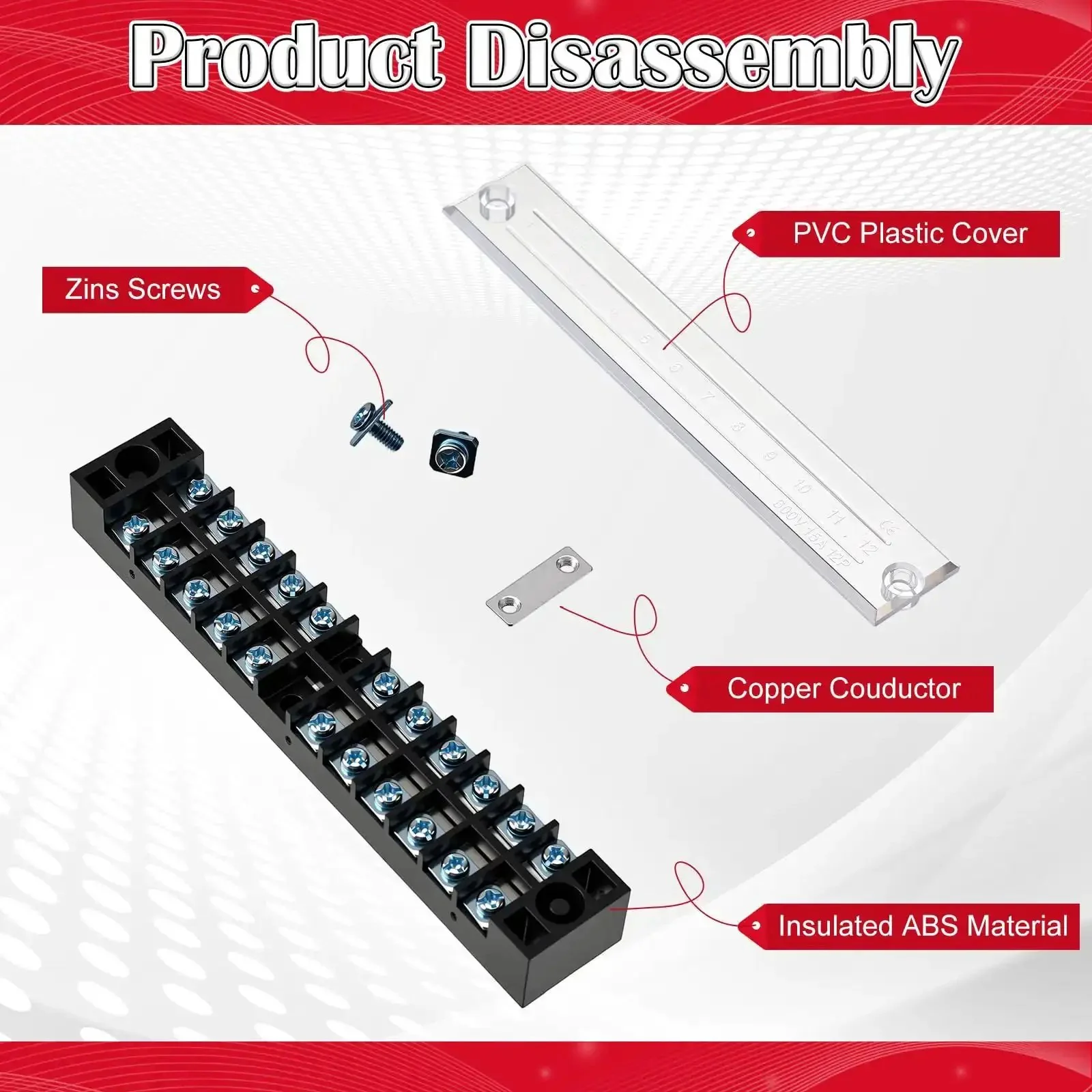 20 Pcs 10 Sets Terminal Block 12 Position Dual Row 15A 600V Screw Terminal Strip With Cover And 12 Position Pre Insulated Terminals Barrier Strips Jumpers Black And Red For DIYers - Image 5
