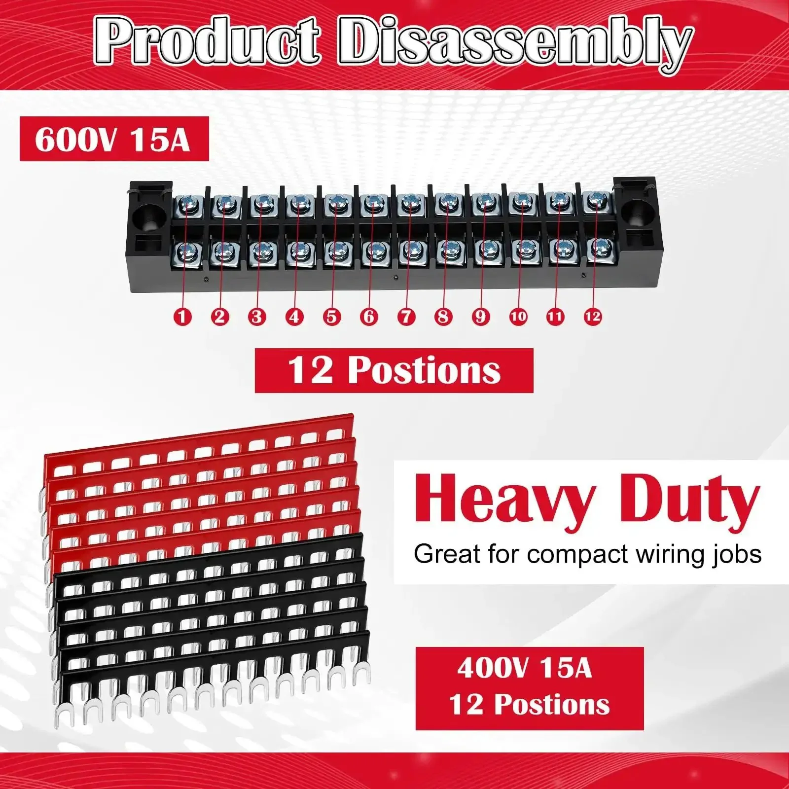 20 Pcs 10 Sets Terminal Block 12 Position Dual Row 15A 600V Screw Terminal Strip With Cover And 12 Position Pre Insulated Terminals Barrier Strips Jumpers Black And Red For DIYers - Image 6