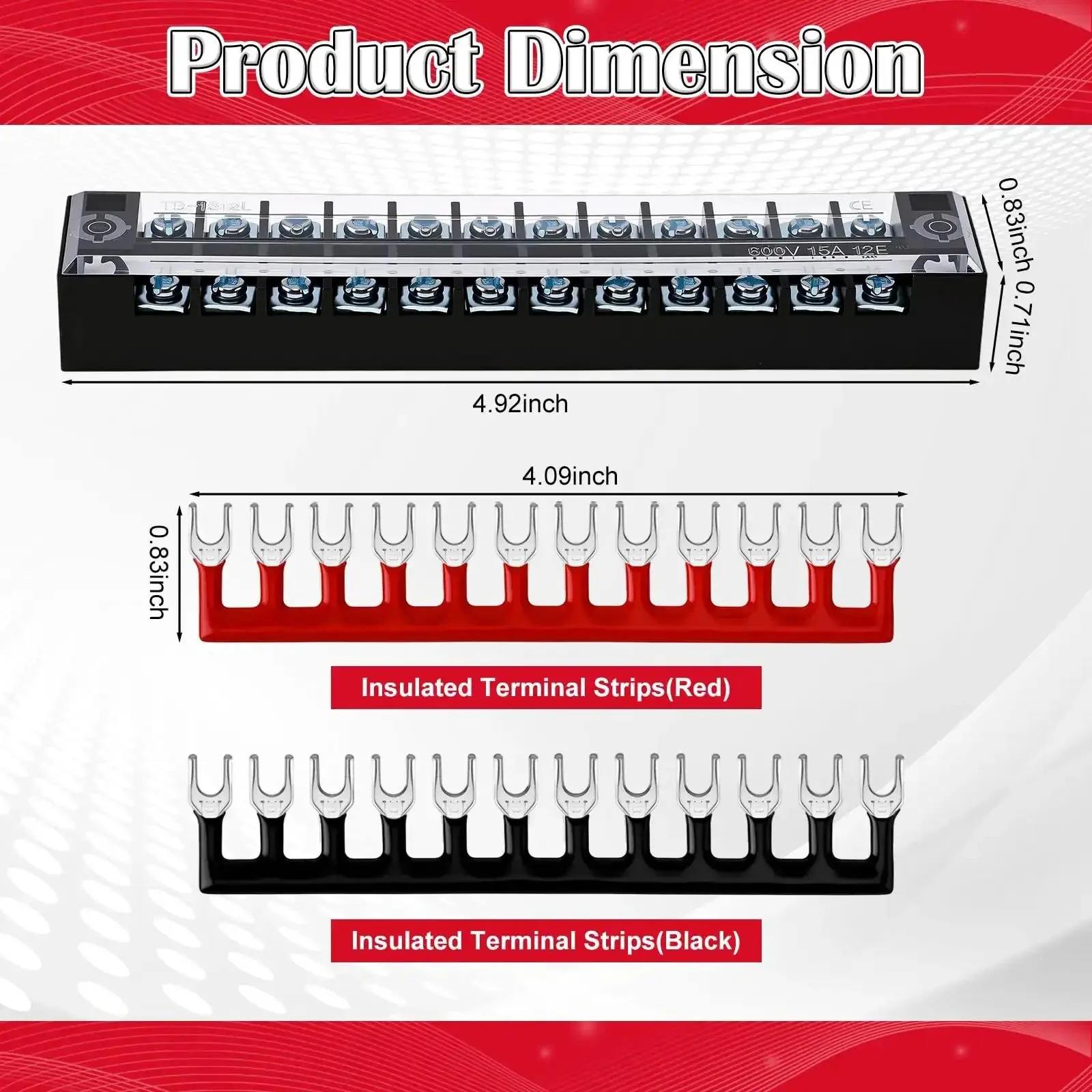 20 Pcs 10 Sets Terminal Block 12 Position Dual Row 15A 600V Screw Terminal Strip With Cover And 12 Position Pre Insulated Terminals Barrier Strips Jumpers Black And Red For DIYers - Image 7