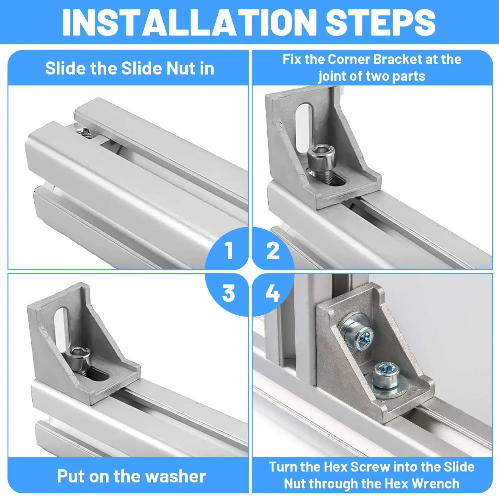20 Piece 4040 Aluminum Extrusion Connector Kit With Corner Brackets Including 40 M8 T Slot Nuts 40 Washers And 1 Wrench For Industrial Aluminum Profile Assembly Projects Silver - Image 2