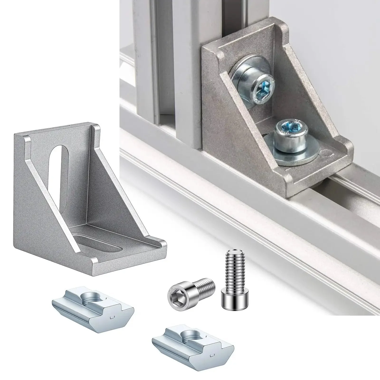 20 Piece 4040 Aluminum Extrusion Connector Kit With Corner Brackets Including 40 M8 T Slot Nuts 40 Washers And 1 Wrench For Industrial Aluminum Profile Assembly Projects Silver - Image 3