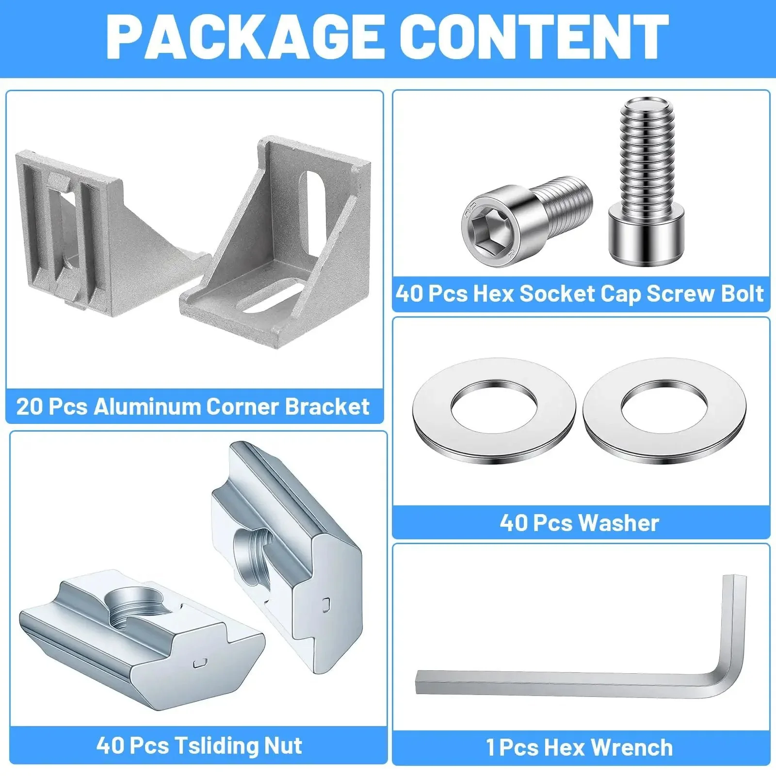20 Piece 4040 Aluminum Extrusion Connector Kit With Corner Brackets Including 40 M8 T Slot Nuts 40 Washers And 1 Wrench For Industrial Aluminum Profile Assembly Projects Silver - Image 5