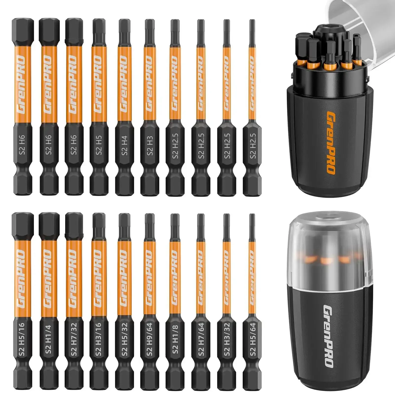 20 Piece Allen Wrench And Hex Drill Bit Set With Storage Organizer Pro Grade S2 Steel Heavy Duty Impact Driver Bits Quarter Inch Hex Bits CNC Machined Tips With Magnetic Hold