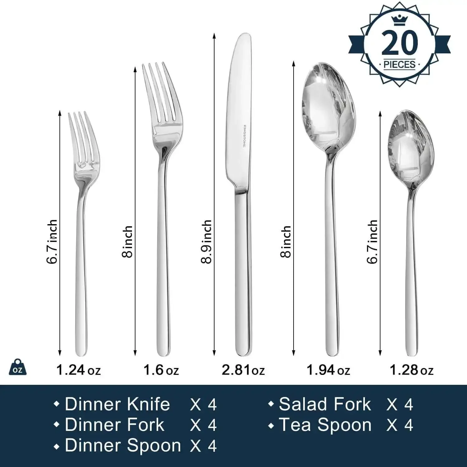 20 Piece Flatware Set For 4 In 18/10 Stainless Steel, Mirror Polished Silverware, Dishwasher Safe, Perfect For Home, Restaurant, Weddings And Parties, Includes Dinner Knives, Dinner Forks, Dinner Spoons, Salad Forks And Teaspoons - Image 4