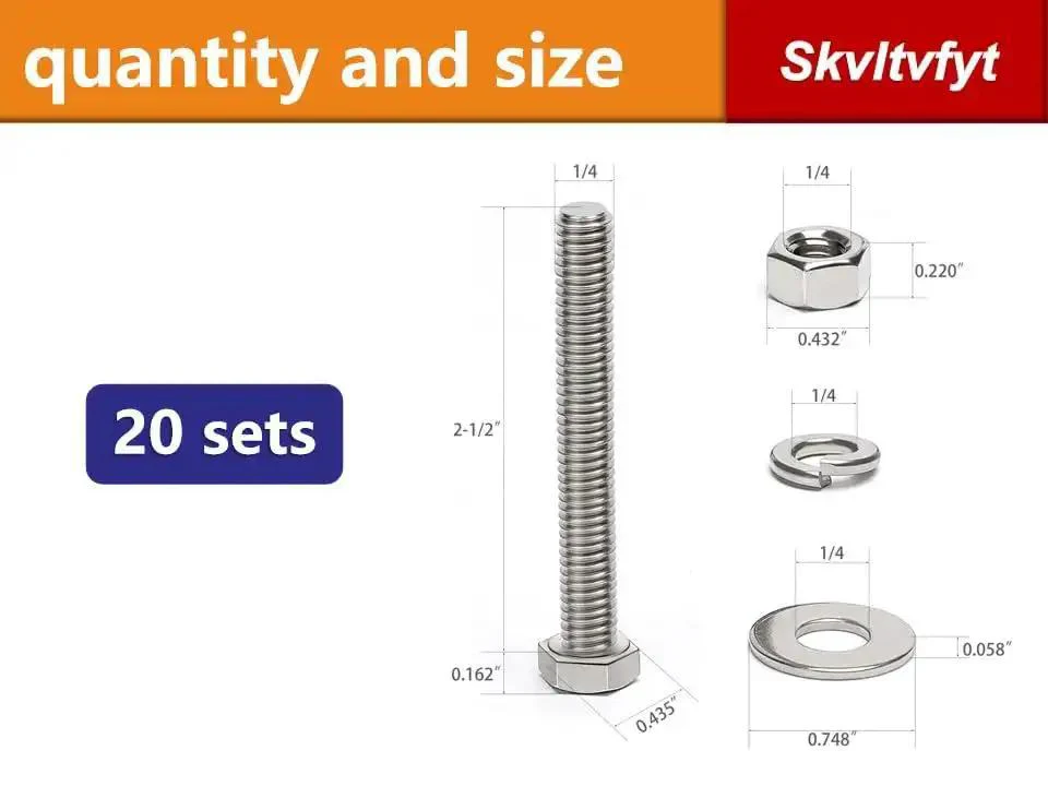 20-Piece Hex Head Screw Bolt Kit With Nuts, Flat Washers And Spring Lock Washers, 1/4-20 x 2-1/2 Inches, 304 Stainless Steel, Fully Threaded, DIY Ready Garage-Grade Hardware Set For Projects, Includes 20 Bolts, 20 Nuts, And 20 Washers - Image 2