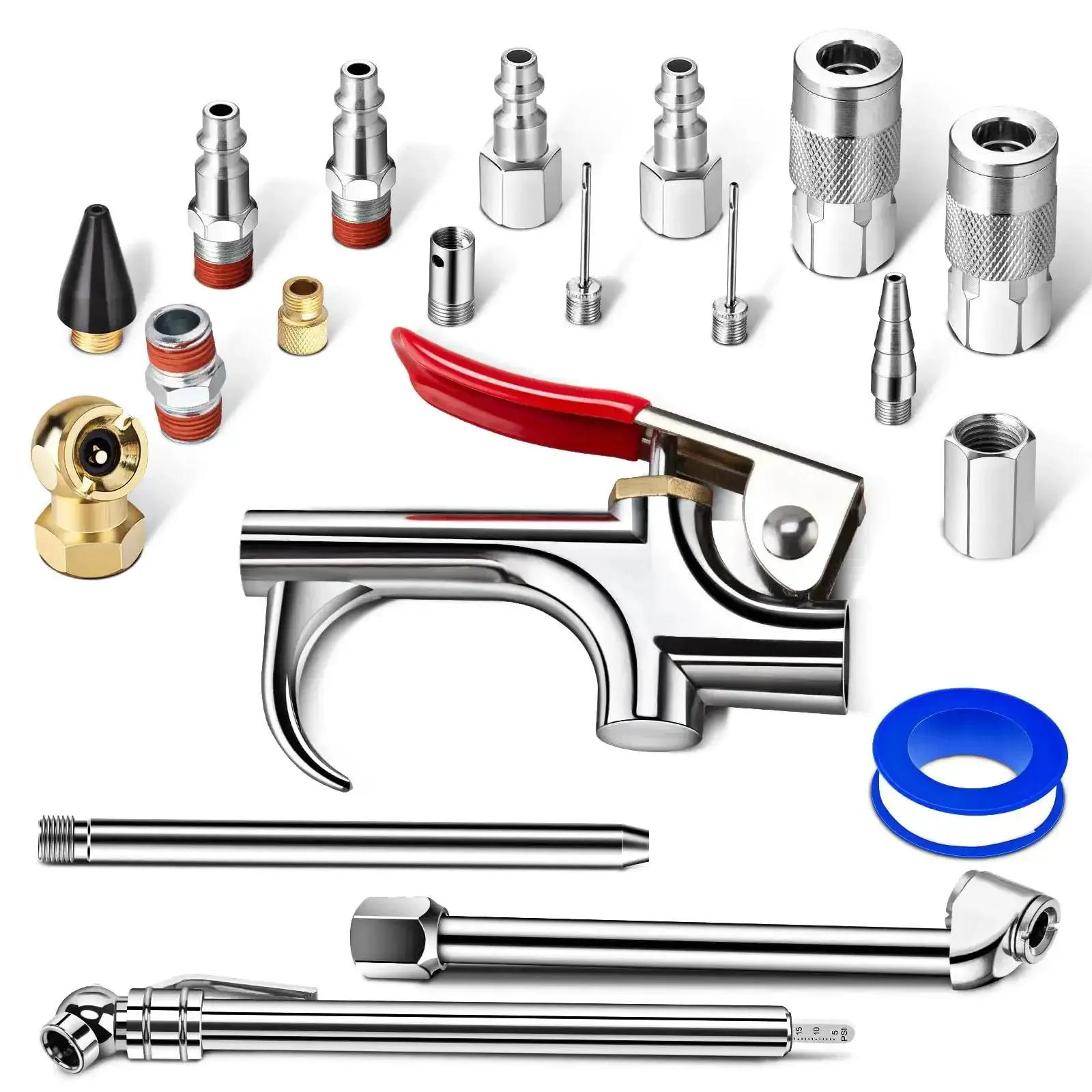 20 Piece Must Have Air Tool Kit For Air Compressors With One Quarter Inch NPT Quick Connects Tire Chucks Tire Gauge Ball Chuck Six Quick Connect Fittings Double Male And Female Connectors Air Nozzles And Hose Fittings