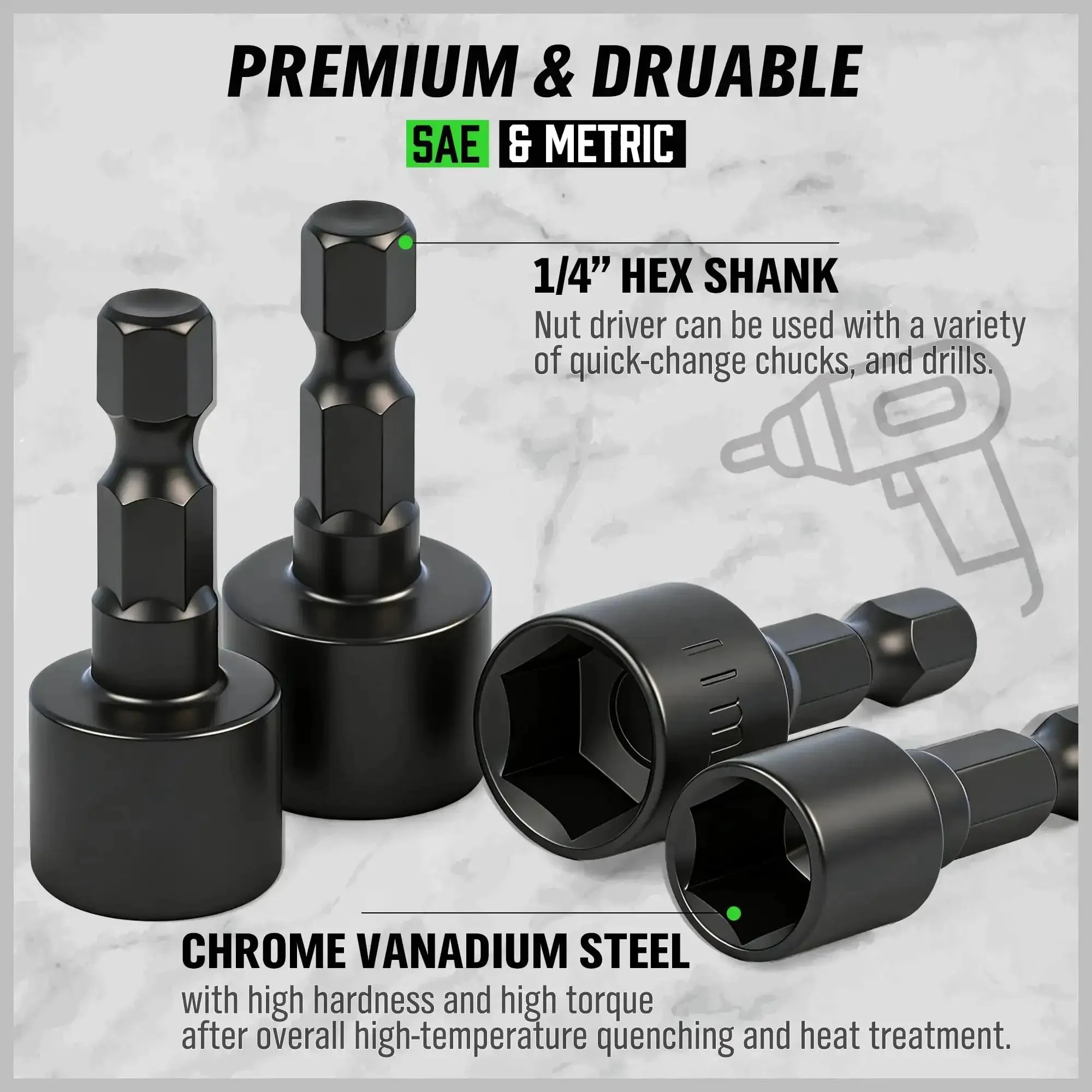 20 Piece Nut Driver Set For Impact Drill With One Quarter Inch Hex Drive SAE And Metric Industrial Grade Chromium Vanadium Steel Non Magnetic Black Phosphate Coating For Corrosion Resistance - Image 6