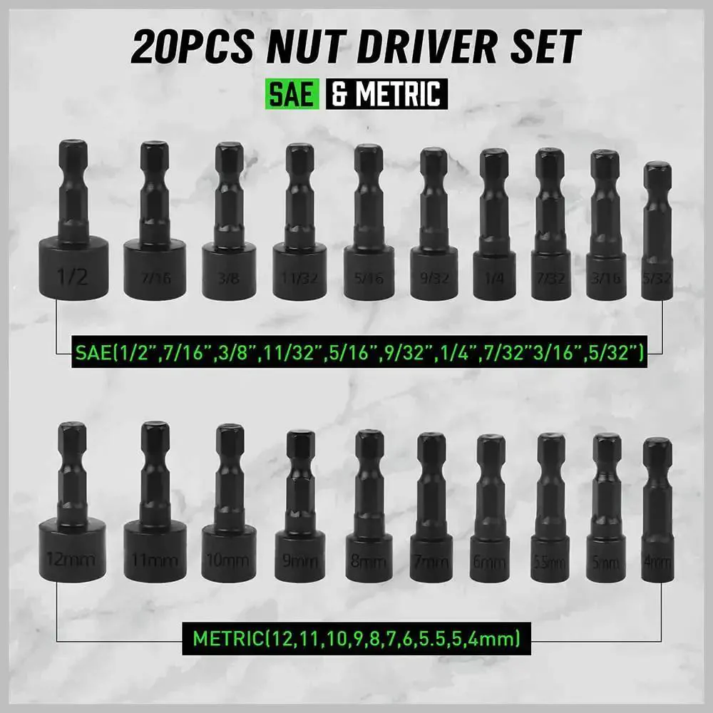20 Piece Nut Driver Set For Impact Drill With One Quarter Inch Hex Drive SAE And Metric Industrial Grade Chromium Vanadium Steel Non Magnetic Black Phosphate Coating For Corrosion Resistance - Image 7