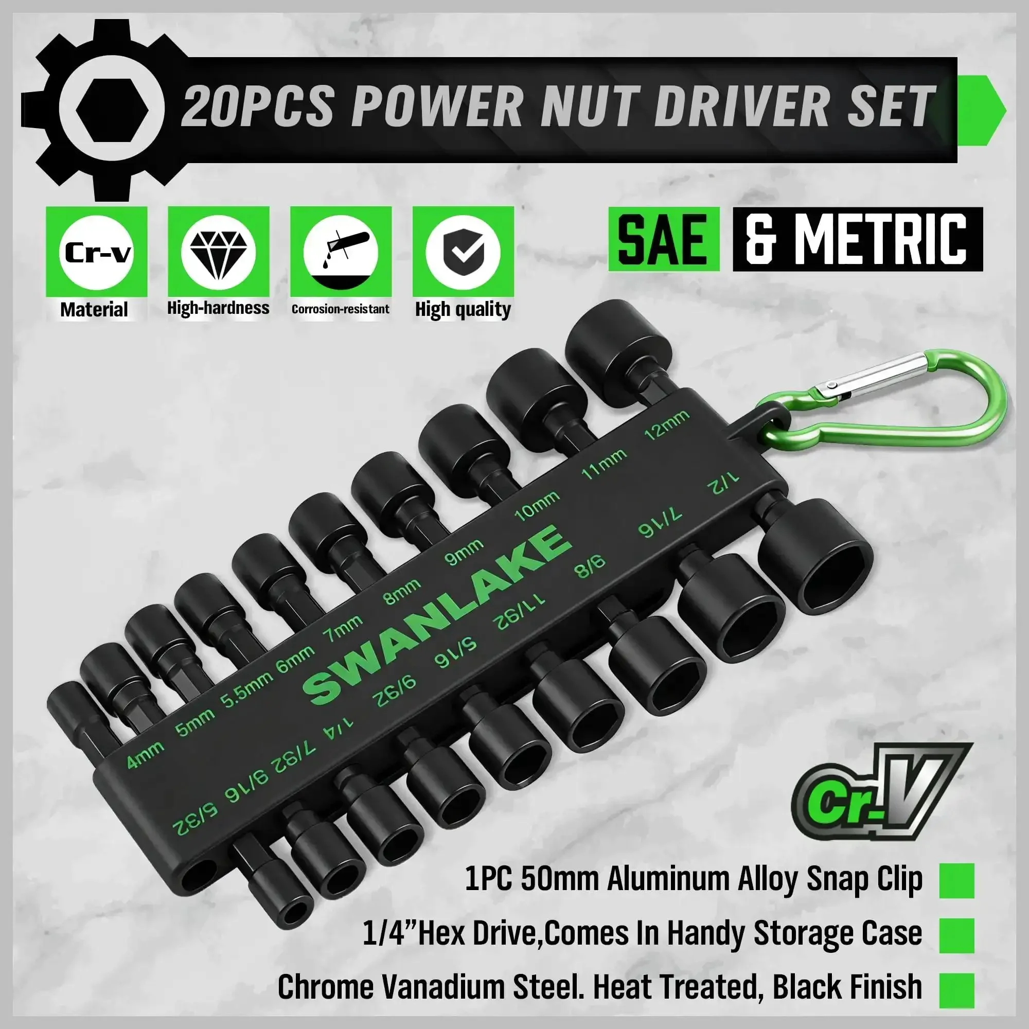 20 Piece Nut Driver Set For Impact Drill With One Quarter Inch Hex Drive SAE And Metric Industrial Grade Chromium Vanadium Steel Non Magnetic Black Phosphate Coating For Corrosion Resistance - Image 8