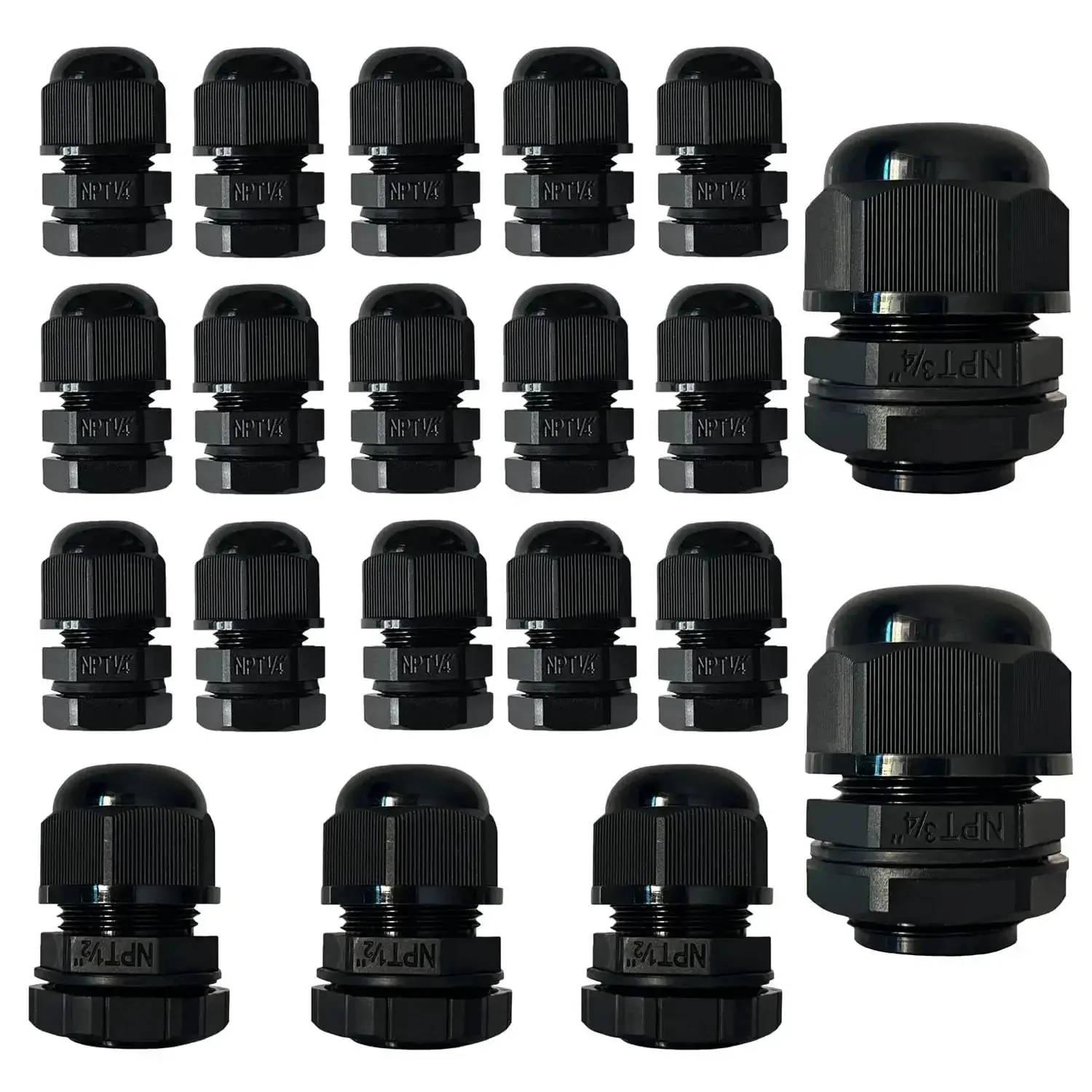 20 Piece Waterproof Cable Glands Set With NPT Threads In One Quarter, One Half, And Three Quarter Inch Sizes, Includes Adjustable Cord Grips, Strain Relief, Plastic Cable Connectors For Electrical Conduit Fittings And Bulkhead