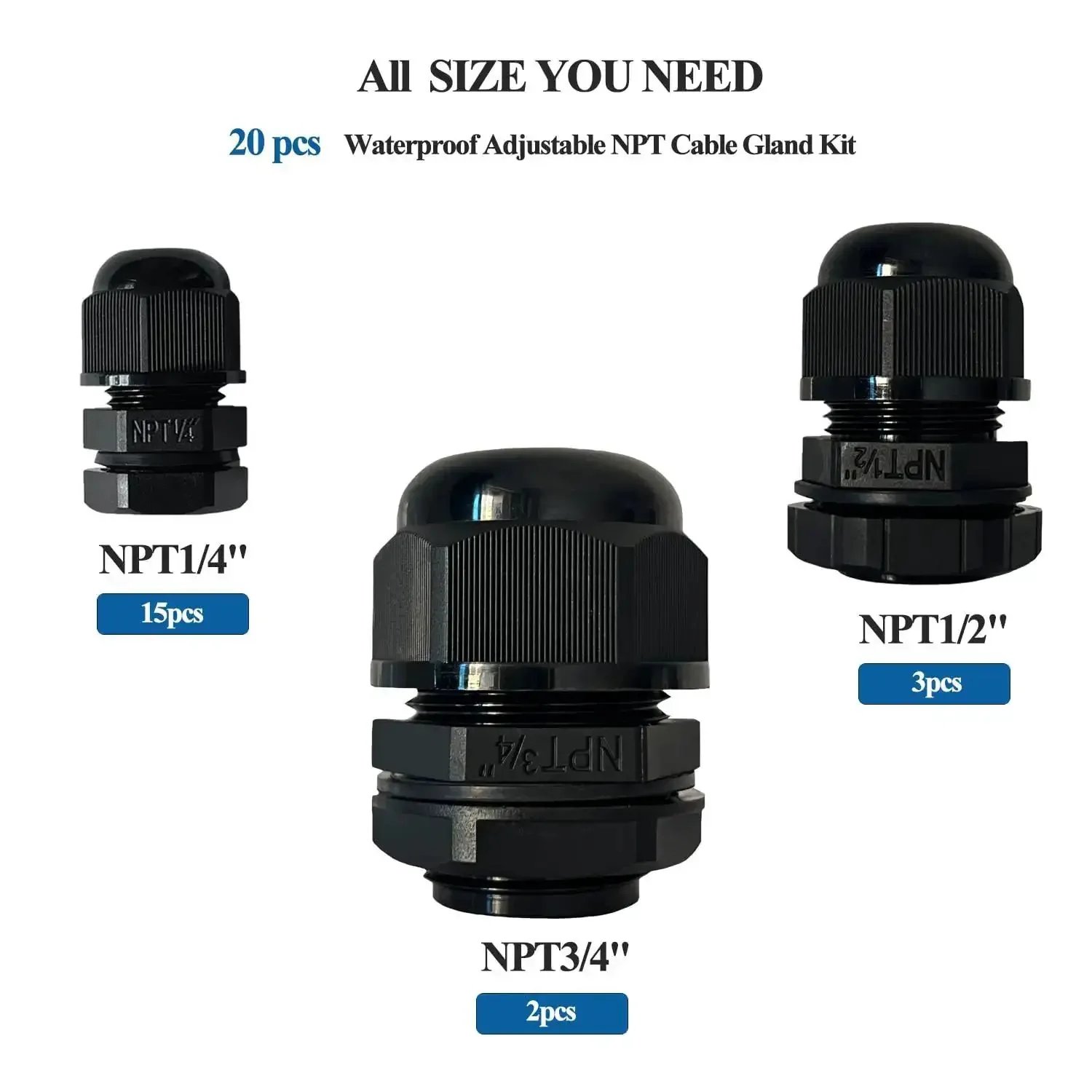 20 Piece Waterproof Cable Glands Set With NPT Threads In One Quarter, One Half, And Three Quarter Inch Sizes, Includes Adjustable Cord Grips, Strain Relief, Plastic Cable Connectors For Electrical Conduit Fittings And Bulkhead - Image 6