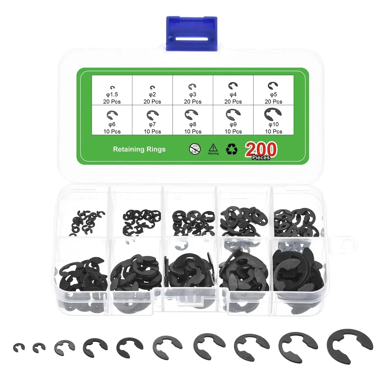 200 Pcs E Clip Circlip External Retaining Rings Kit With Ten Sizes M1 5 To M10 In 65Mn Carbon Steel Snap Rings For Valves Electrical Appliances And Machinery Repairs Pro Grade
