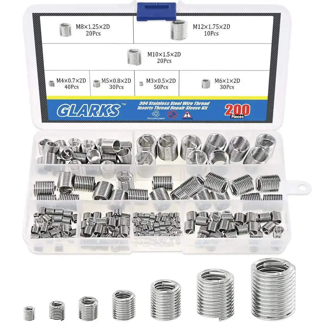 200 Pcs Stainless Steel Wire Thread Inserts Kit M3 M4 M5 M6 M8 M10 M12 Helical Coil Sleeves For Automotive And Machinery Repairs Built From 304 Stainless For Superior Corrosion Resistance And Easy Screw Recovery Workhorse Tough As Nails