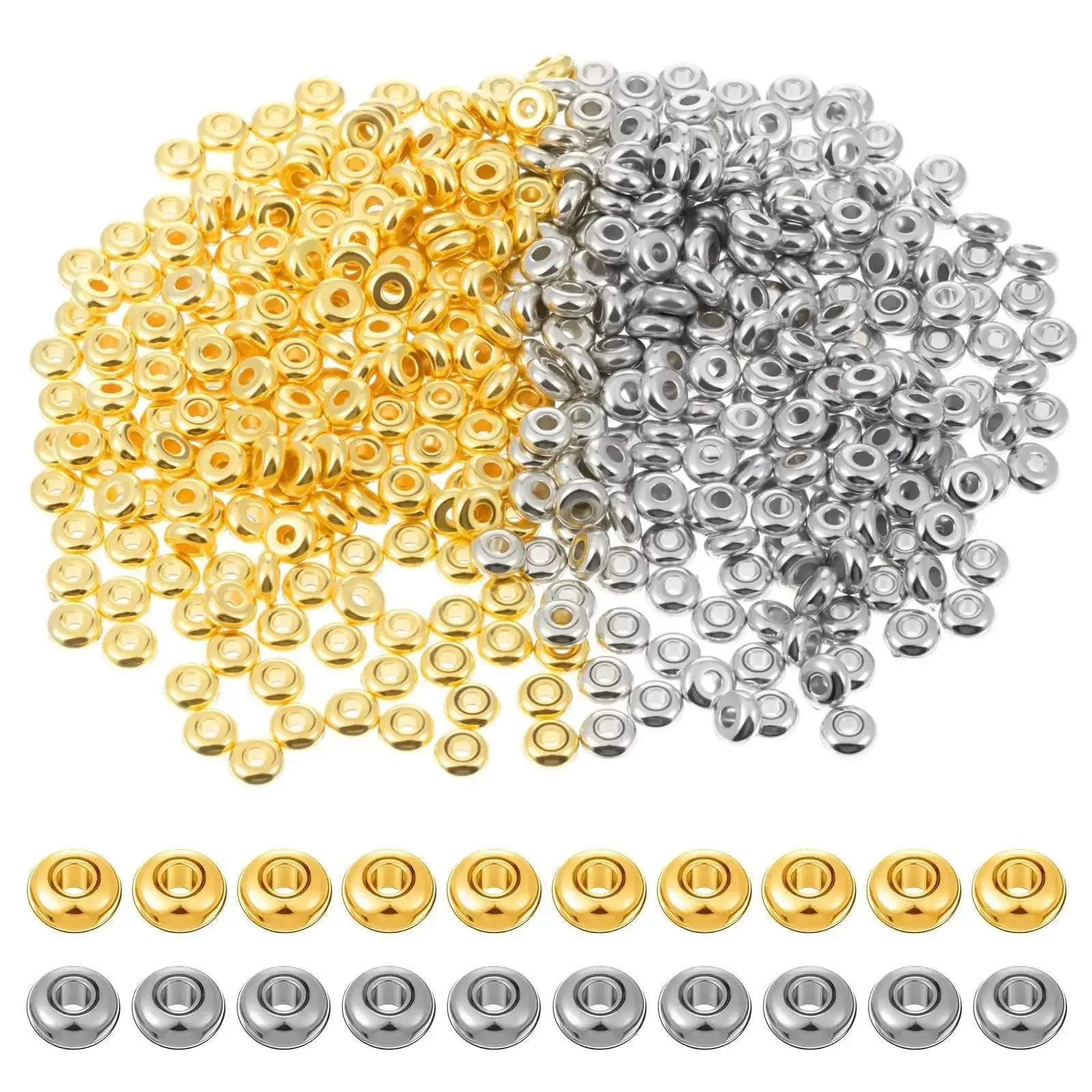 2000 Pcs Gold And Silver Spacer Beads 4Mm Flat Round Disc Beads For DIY Jewelry Making Bracelets And Necklaces Gold Tone And Silver Tone 1.5Mm Hole 4x1.7Mm Bulk Craft Supplies For Bead Crafters