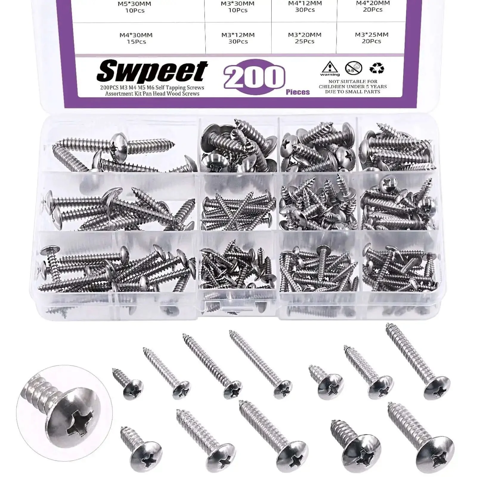 200Pcs Self Tapping Screws Set With Phillips Truss Head For Wood Metal PVC Plastic Stainless Steel 304 Assorted Sizes Six Eight Ten Twelve M3 M4 M5 Lengths 12 20 25 30mm Heavy Duty Cross Drive Kit