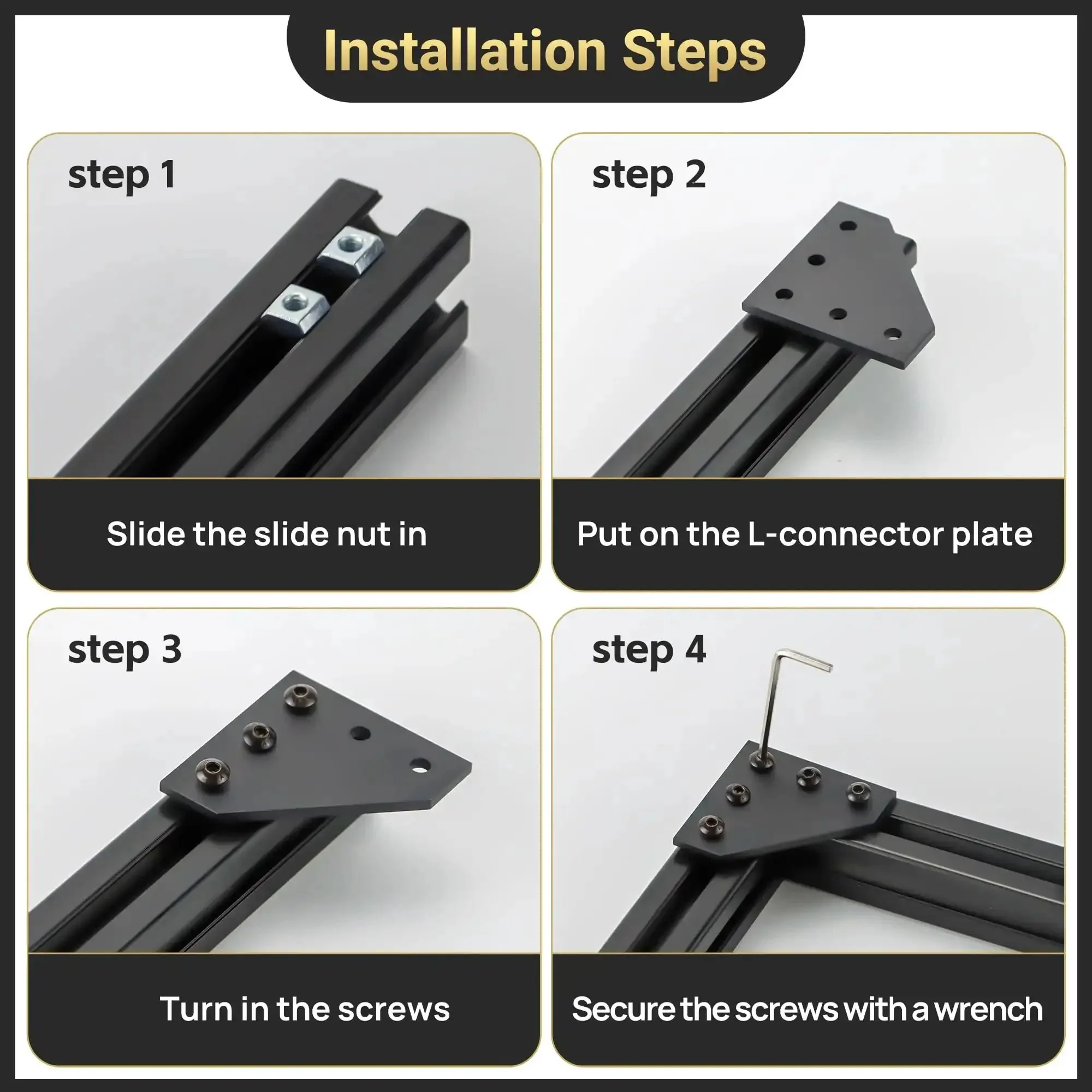 2020 Aluminum Extrusion Corner Bracket Set With L Shape 90 Degree Connectors, 60 T Nuts, 60 Screws, And One Wrench For 20x20mm Profiles Black A Simple, Sturdy DIY Build Kit For Quick Custom Frames - Image 2