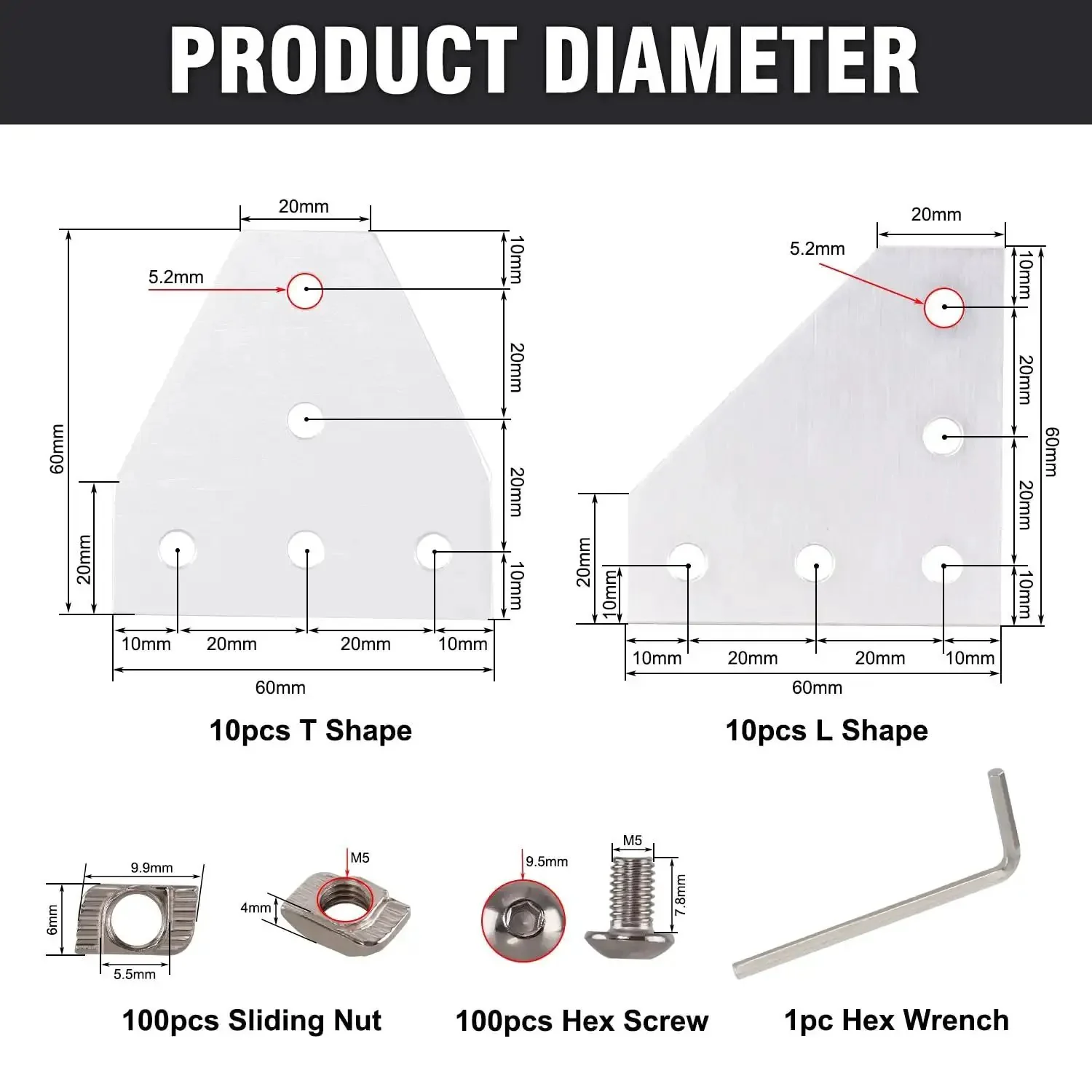 2020 Series Aluminum Corner Bracket Kit With L And T Shape Joint Plates For 20x20mm Extrusion, 5 Hole Connectors, Including 100 T Nuts, 100 M5 Screws, And 1 Wrench For Fast, Durable DIY Framing And Heavy Duty Custom Projects - Image 2