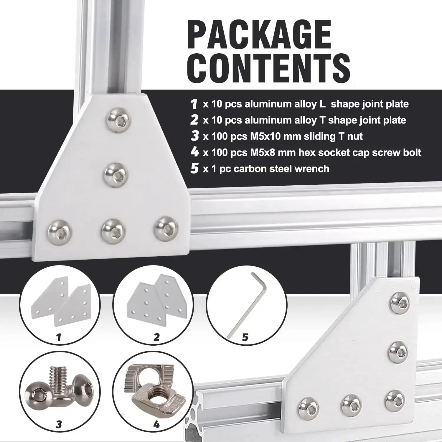 2020 Series Aluminum Corner Bracket Kit With L And T Shape Joint Plates For 20x20mm Extrusion, 5 Hole Connectors, Including 100 T Nuts, 100 M5 Screws, And 1 Wrench For Fast, Durable DIY Framing And Heavy Duty Custom Projects - Image 6