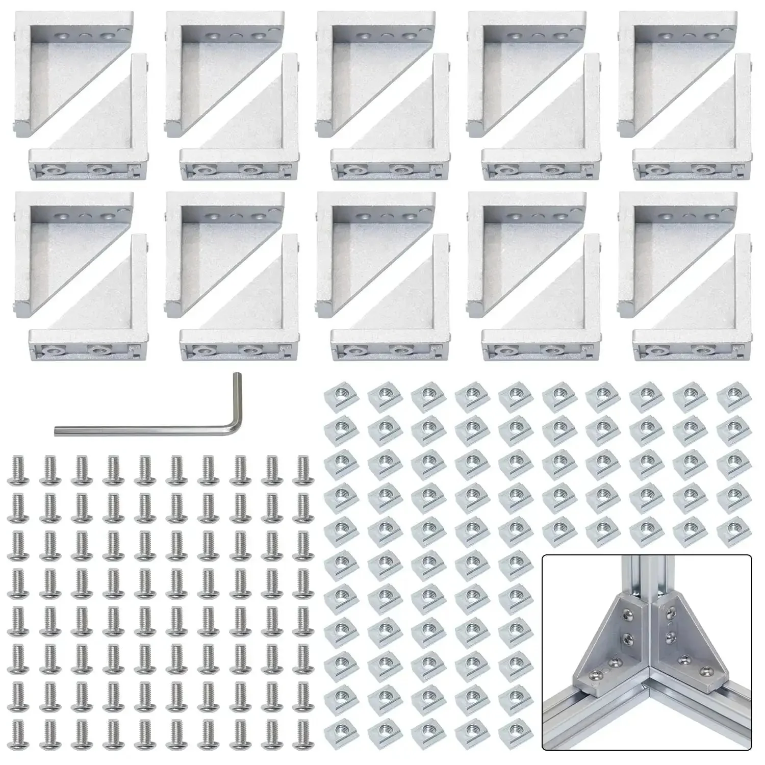 2040 Corner Bracket Kit For Aluminum Extrusion Rails, 20 Corner Brackets, 80 Hex Screws, 80 Sliding Nuts, 1 Hex Wrench, 6mm Slot Compatible, Heavy Duty Connector Set For DIY Builds And Projects