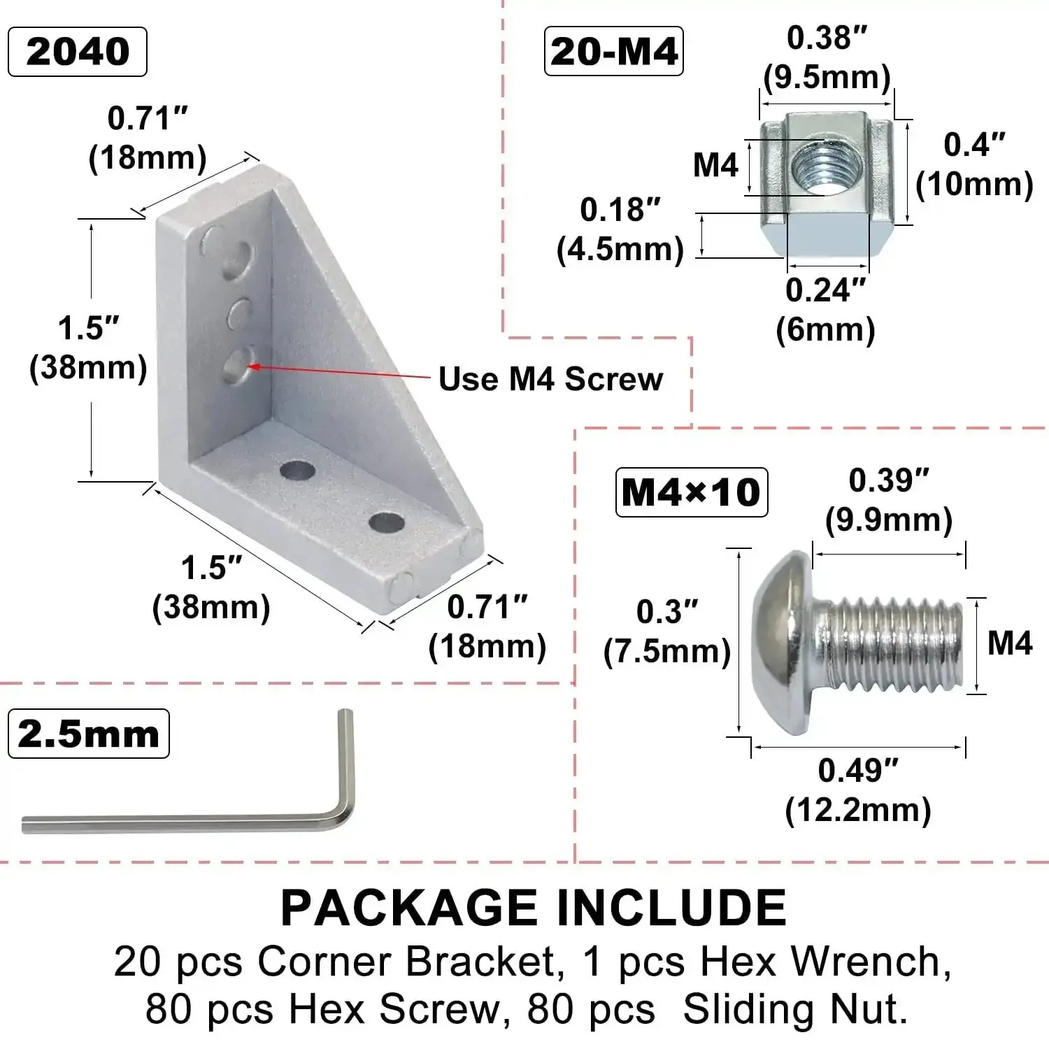 2040 Corner Bracket Kit For Aluminum Extrusion Rails, 20 Corner Brackets, 80 Hex Screws, 80 Sliding Nuts, 1 Hex Wrench, 6mm Slot Compatible, Heavy Duty Connector Set For DIY Builds And Projects - Image 7