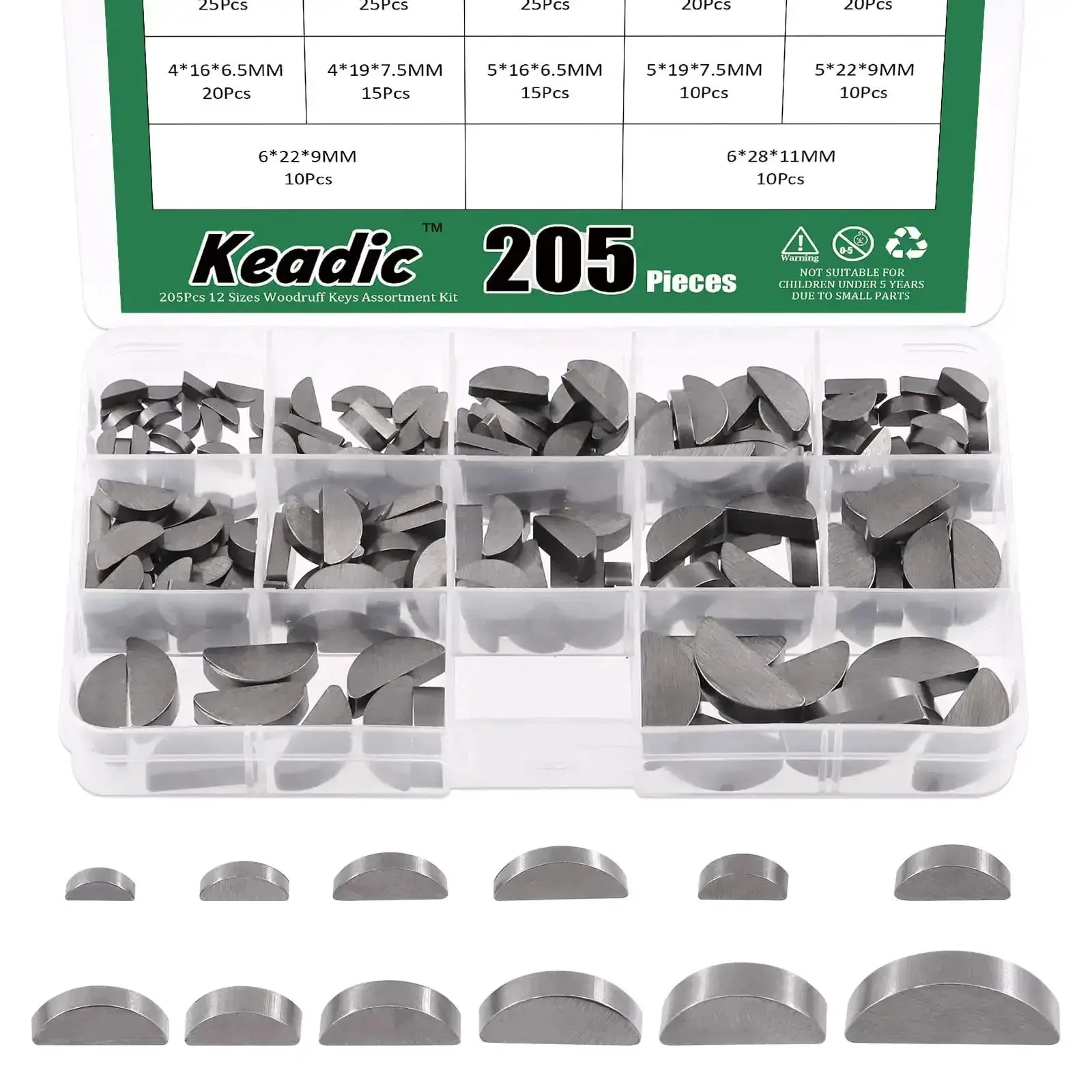 205 Piece Woodruff Key Set With 12 Sizes Half Moon Semicircle Keys Carbon Steel Crank Shaft Keyway Pulley Hardware For Gearhead Grade Mechanical Work And Repairs Kit Included