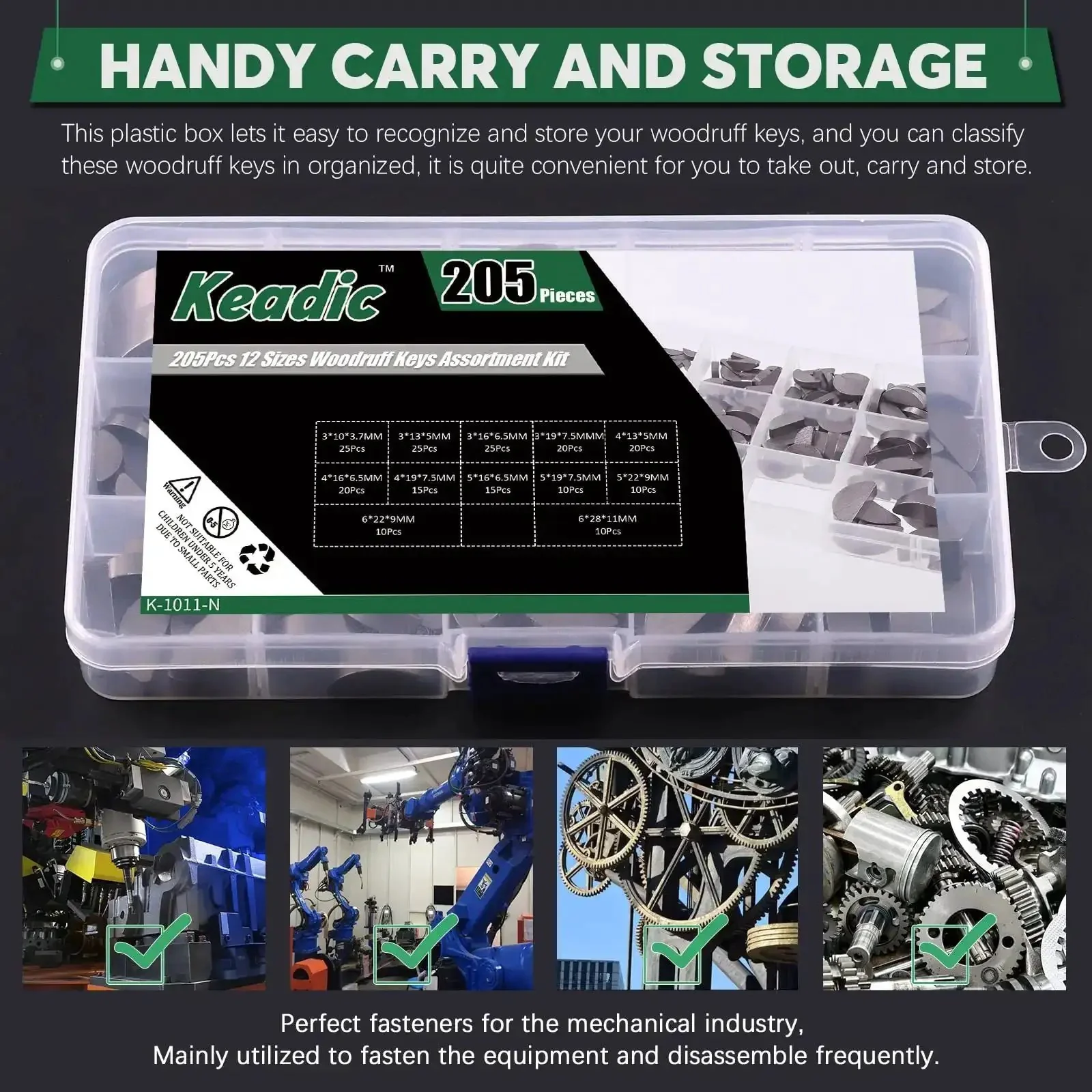 205 Piece Woodruff Key Set With 12 Sizes Half Moon Semicircle Keys Carbon Steel Crank Shaft Keyway Pulley Hardware For Gearhead Grade Mechanical Work And Repairs Kit Included - Image 2