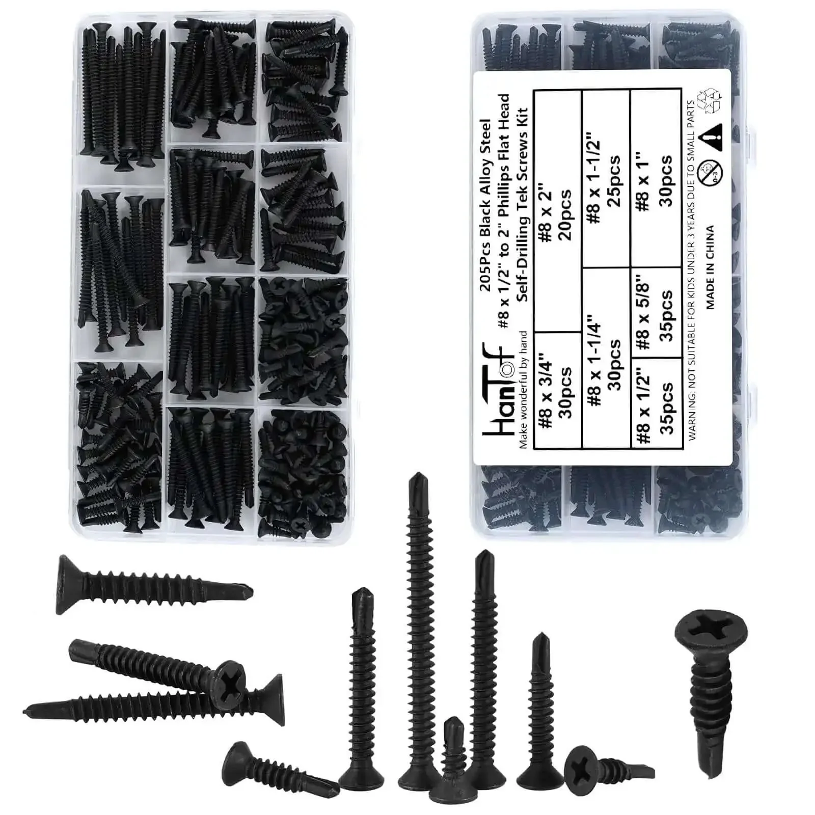 205 Pieces Black Flat Head Self Drilling Screws Set For Metal And Woodworking Phillips Drive Countersunk Self Tapping TEK Screws Sheet Metal Deck Screws Drill Point 8 Gauge To Two Inch Carbon Steel - Image 5