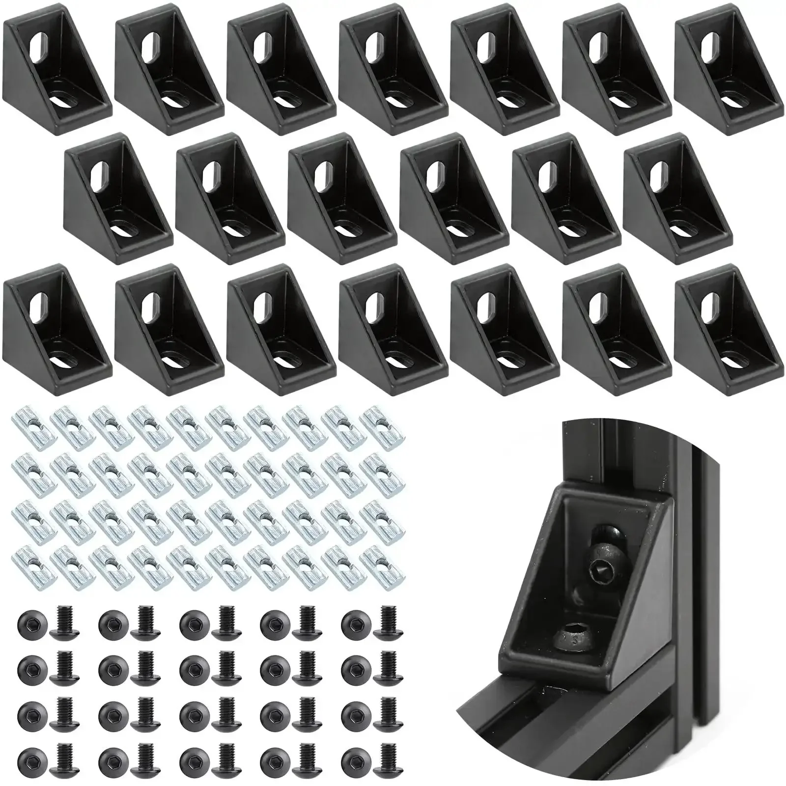 20Pcs 1010 Aluminum Extrusion Corner Brackets With Screws For 1x1 Inch Profile Black Finish Heavy Duty Connector Set For 10 Series Rails And DIY Builds