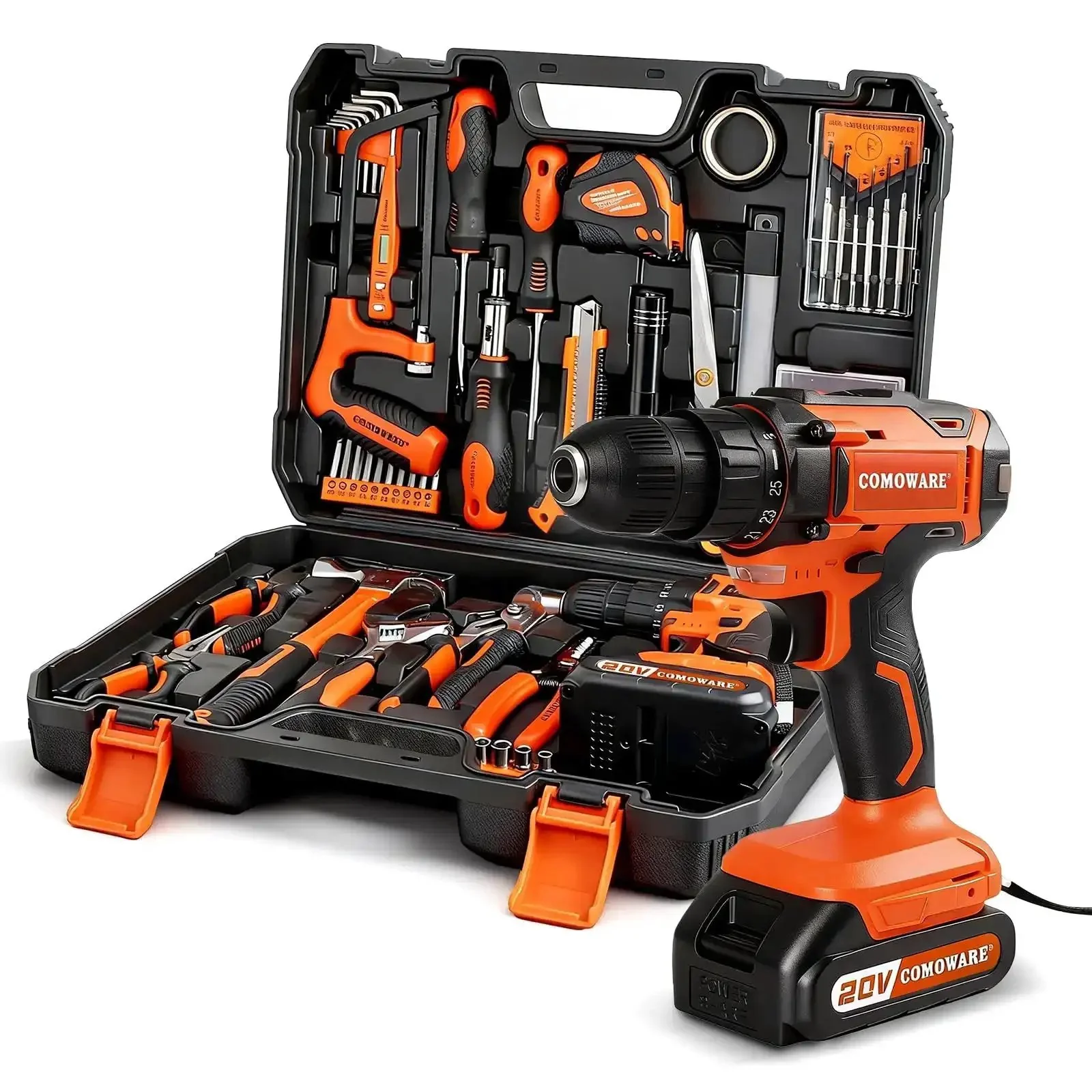 20V Cordless Drill And 120 Piece Home Tool Kit With Plastic Toolbox, DIY Project Essential Set For Office, Garden, And Repairs, Includes Drill Driver, Bits, And Hand Tools