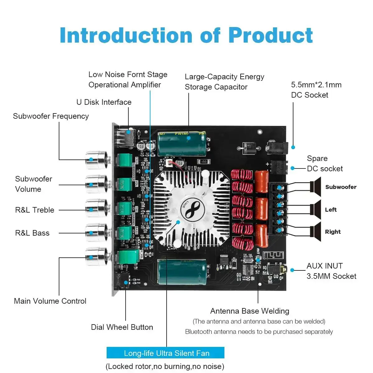 2.1 Channel Bluetooth Amplifier Board With 160W Per Channel, 220W Subwoofer Power, TDA7498E Module, USB AUX Bluetooth Inputs, Treble And Bass Control, DIY Speaker Receiver For Home Audio Projects - Image 7