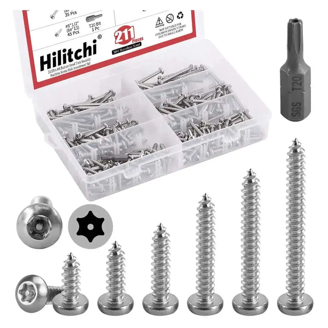 210 Pcs No 8 Stainless Steel Button Head Torx Sheet Metal Screws Security Anti Theft Tamper Proof Assortment Kit With T20 Driver Bit From No 8 By One Half Inch To No 8 By One And A Half Inch