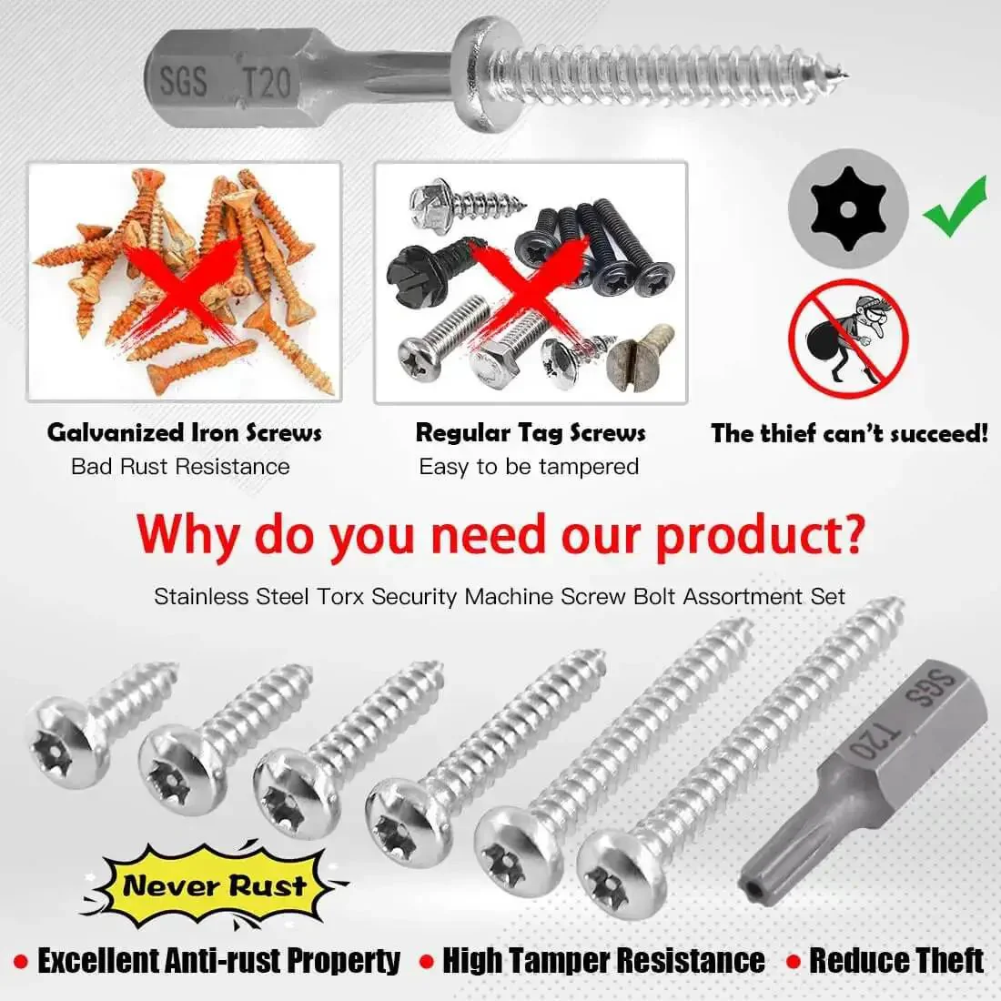 210 Pcs No 8 Stainless Steel Button Head Torx Sheet Metal Screws Security Anti Theft Tamper Proof Assortment Kit With T20 Driver Bit From No 8 By One Half Inch To No 8 By One And A Half Inch - Image 4