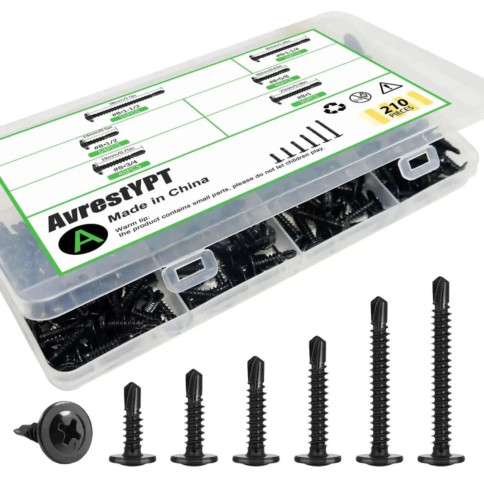 210Pcs Sheet Metal Screws Kit With Self-Tapping And Self-Drilling, 410 Stainless Steel And Black Zinc Plated, Six Sizes From One Half Inch To One And A Half Inch, Modified Truss Head For Durable, Weather-Resistant Metal Fastening