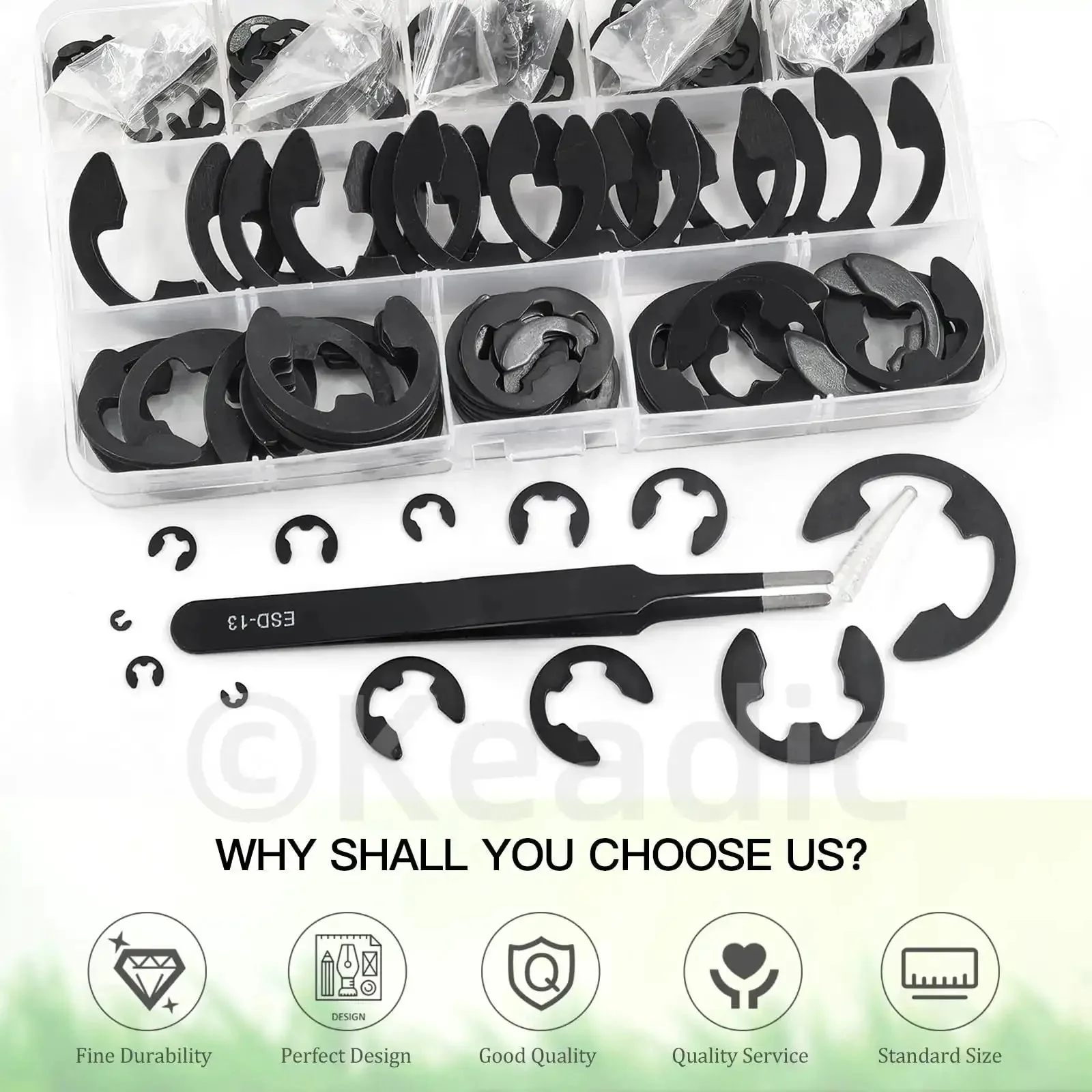 211 Piece E Clip Assortment Kit With 14 Sizes External Retaining Rings Alloy Steel Snap Ring Set Includes Tweezers And Handy Storage M1.5 To M22 For Automotive And Machinery Projects - Image 2