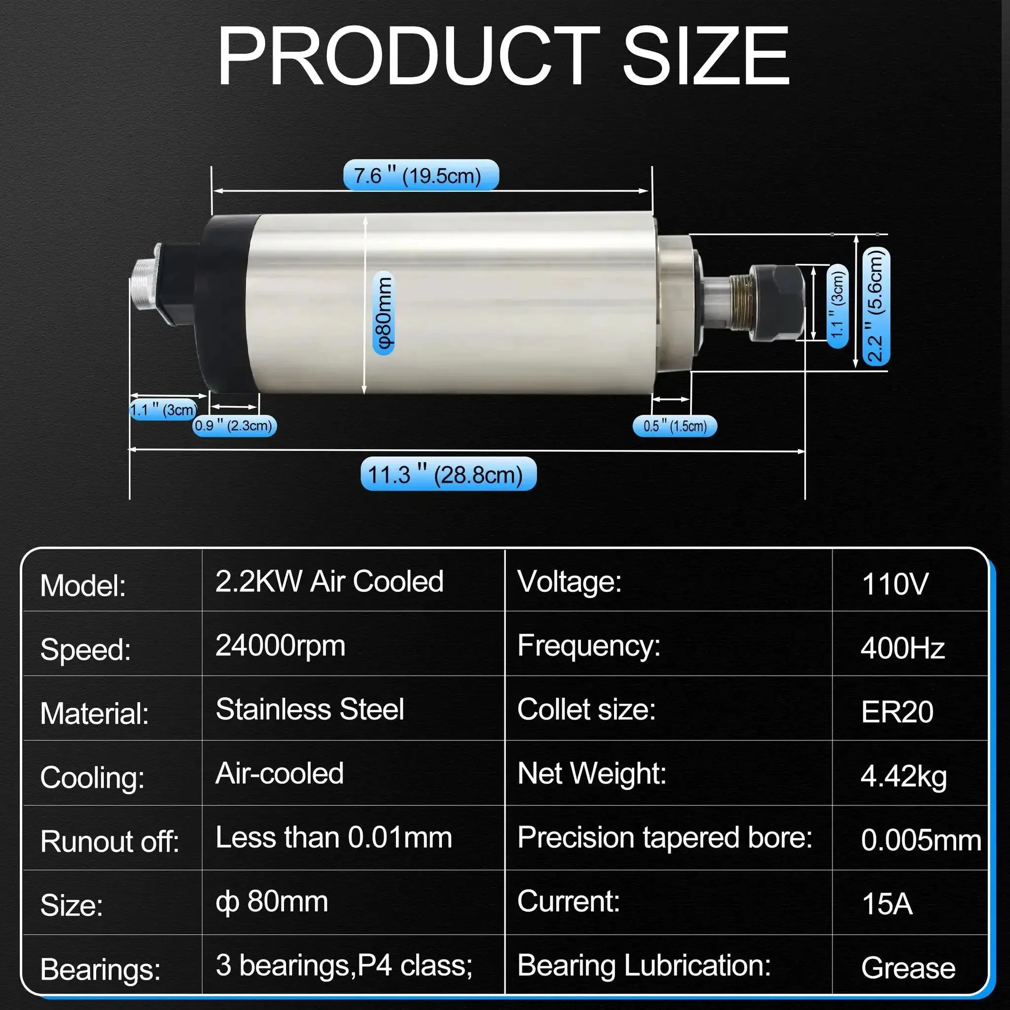 2.2KW 110V Air Cooled Spindle Motor Kit With ER20 Collet 24000 RPM VFD Inverter Heavy Duty Plug And Play Single To 3 Phase Drive 80mm Spindle Mount For CNC Router Machine - Image 6
