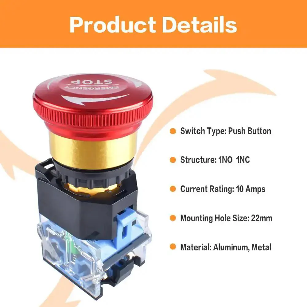 22mm Emergency Stop Button Switch 10A 1NO 1NC Latching Push Button Shut Off 440V Aluminum Alloy E Stop Safety Switch For Industrial Machinery Ideal For Control Panels And Heavy Equipment - Image 3