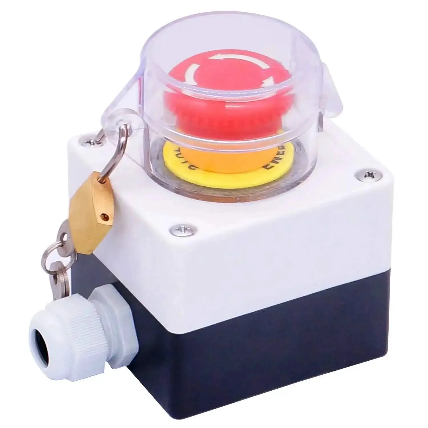22mm Emergency Stop Push Button Switch With Red Mushroom Latching Design Station Box Cover 2 NC 10A 440V Key Lock Stop Box For Industrial Control Durable Push Button Switch With Protective Cover