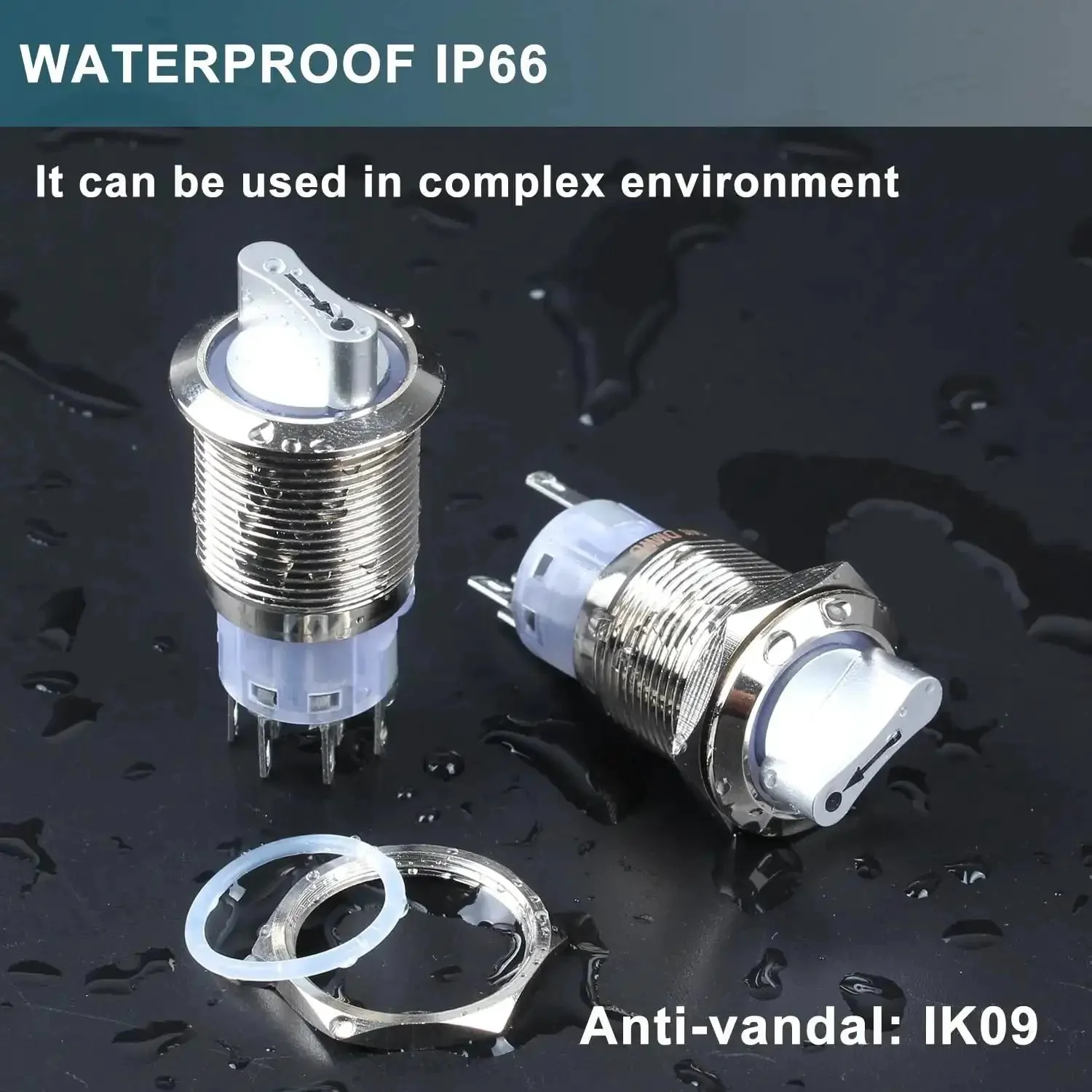 22mm Latching Selector Rotary Switch Three Position With 2NO 2NC Contacts, 12-24VDC, ON Off On, Waterproof Anti Vandal Metal Switch With Socket Without LED - Image 3
