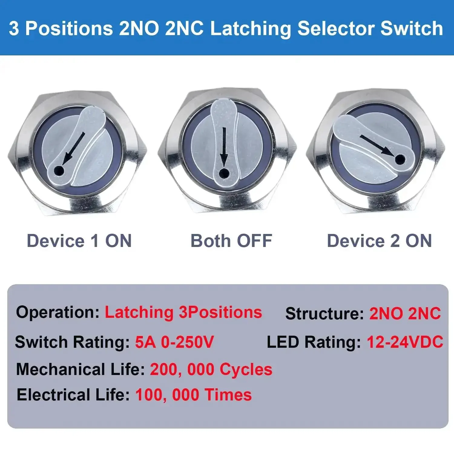 22mm Latching Selector Rotary Switch Three Position With 2NO 2NC Contacts, 12-24VDC, ON Off On, Waterproof Anti Vandal Metal Switch With Socket Without LED - Image 5