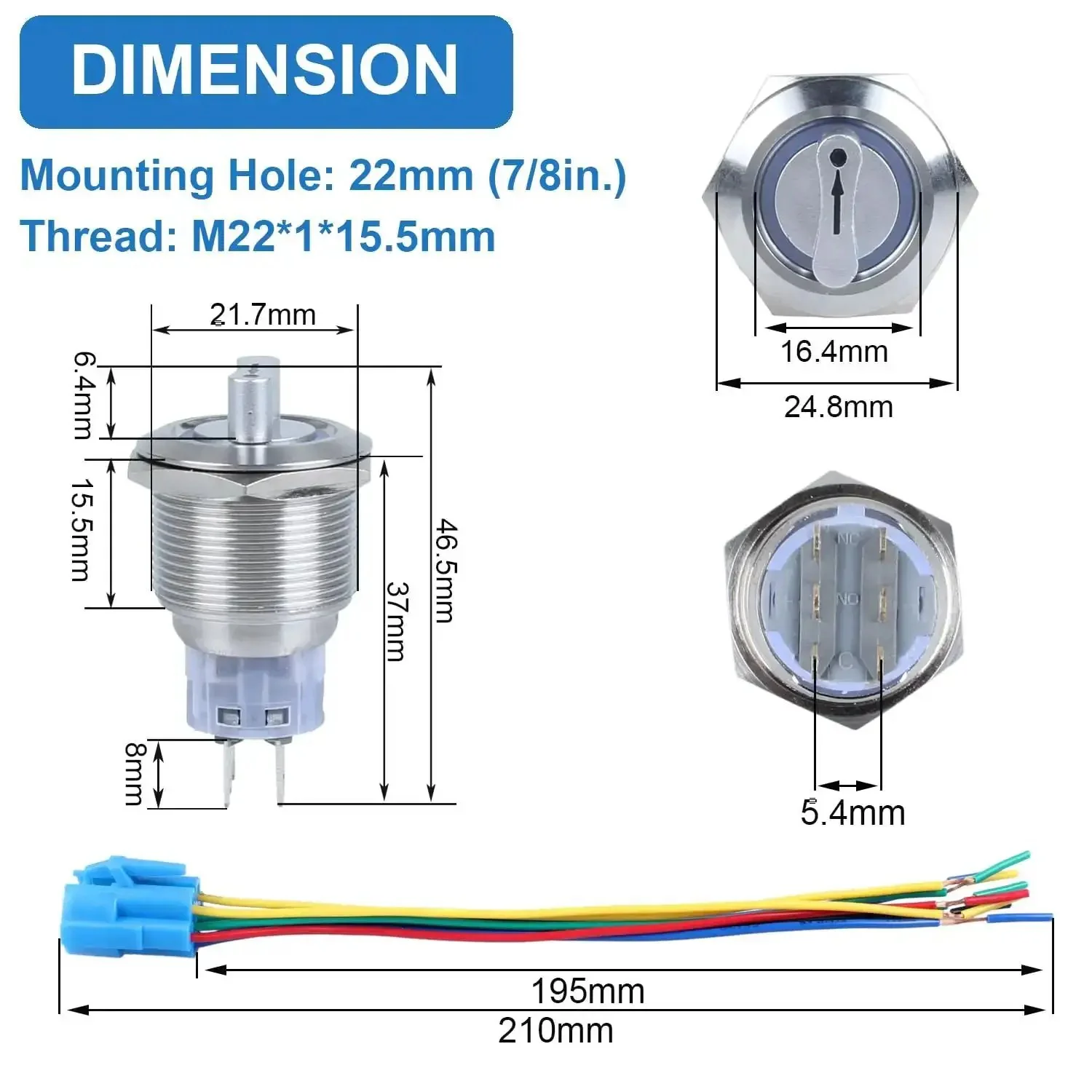 22mm Latching Selector Rotary Switch Three Position With 2NO 2NC Contacts, 12-24VDC, ON Off On, Waterproof Anti Vandal Metal Switch With Socket Without LED - Image 6