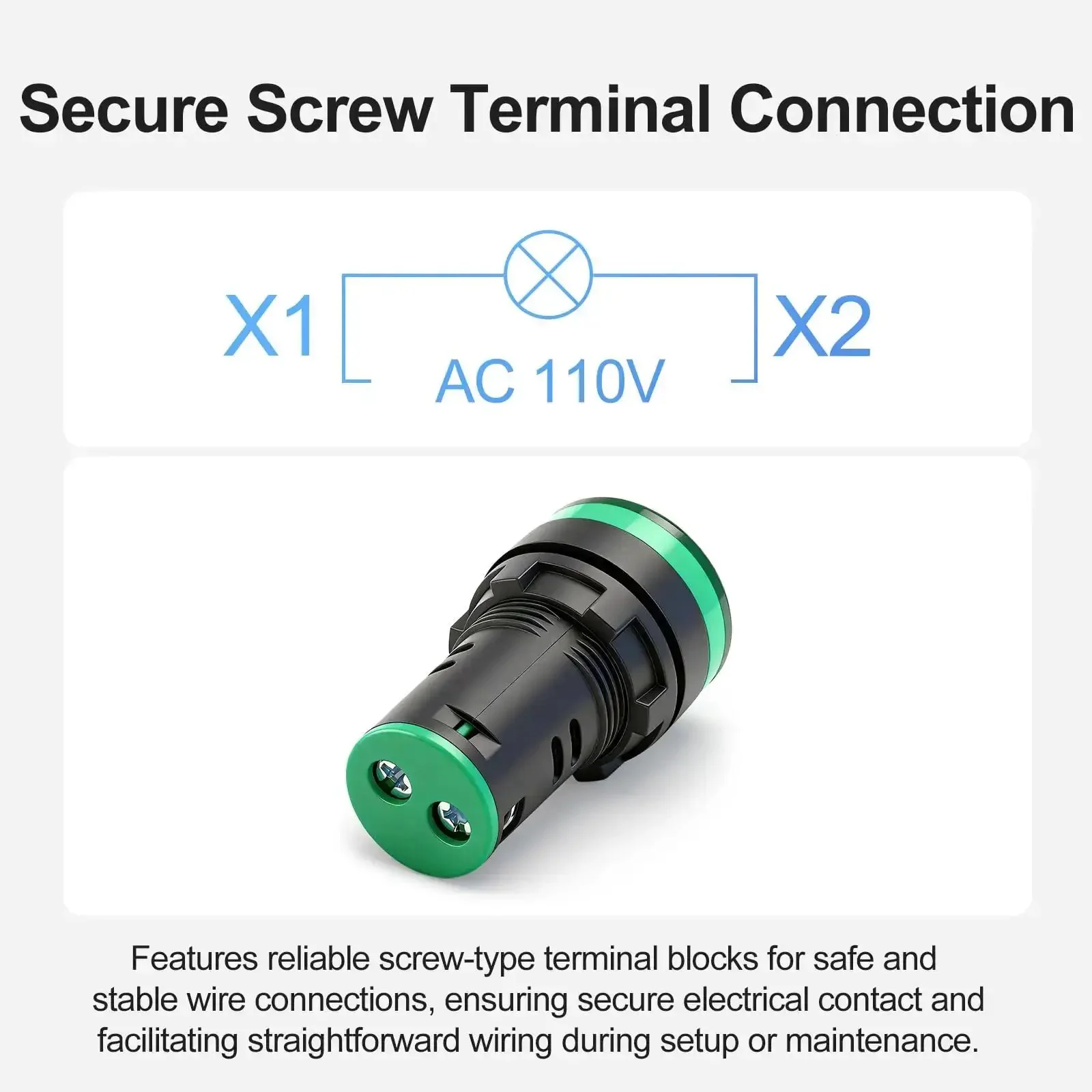 22mm LED Industrial Indicator Light 110V AC Pilot Signal Lamp For Industrial Machinery Control Circuits No Fuss 7/8 Inch Panel Mount With Screw Terminal Green 2 Pack - Image 8