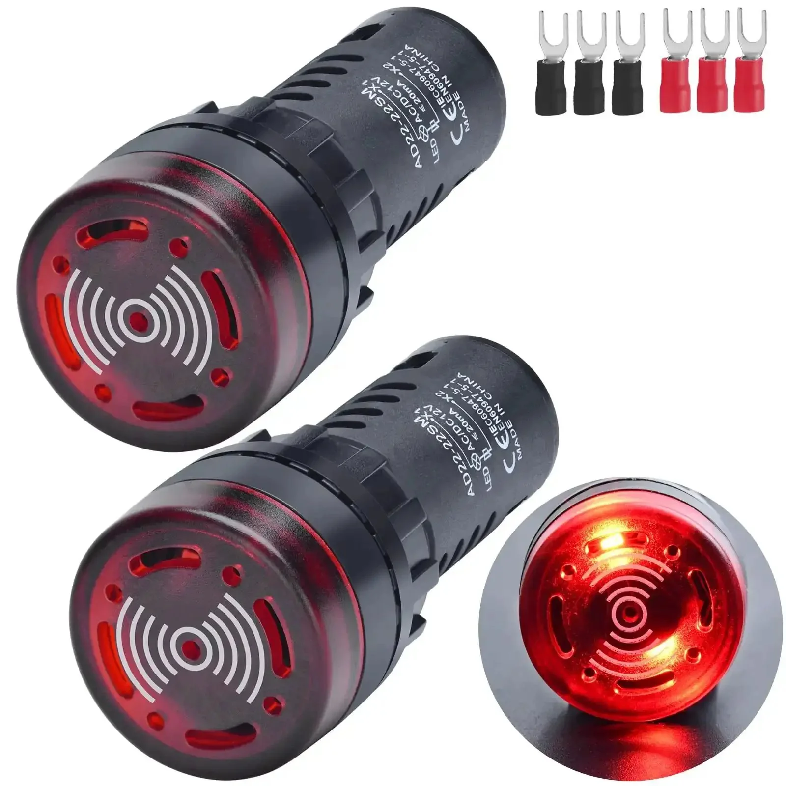 22mm Piezo Buzzer With Red Indicator Light 12V DC AC LED 7/8 Inch Mount Intermittent Beep Alarm Flash Signal For Electrical Control Panel DIY 2 Pack Built Tough Flame Resistant Housing Easy Install