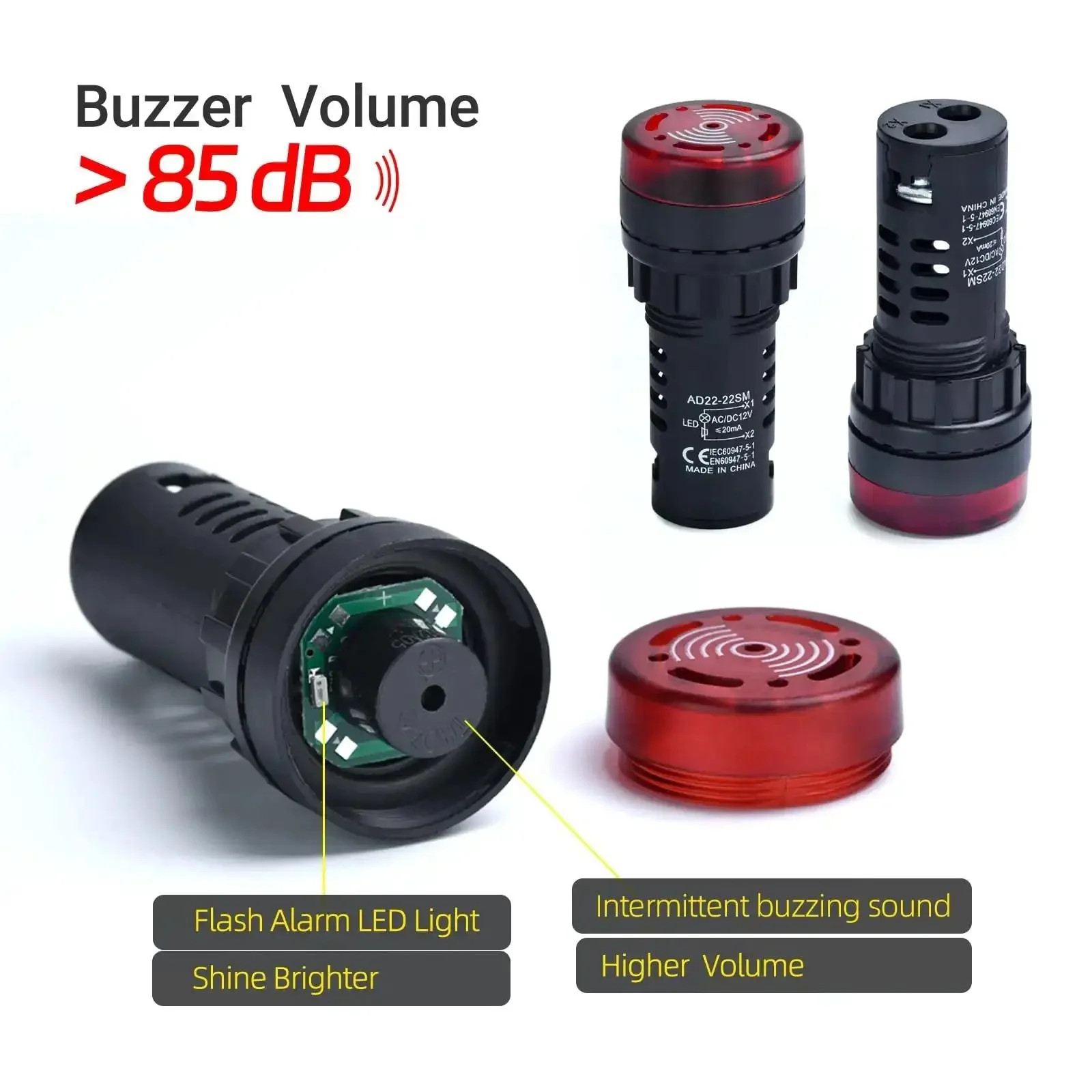 22mm Piezo Buzzer With Red Indicator Light 12V DC AC LED 7/8 Inch Mount Intermittent Beep Alarm Flash Signal For Electrical Control Panel DIY 2 Pack Built Tough Flame Resistant Housing Easy Install - Image 3