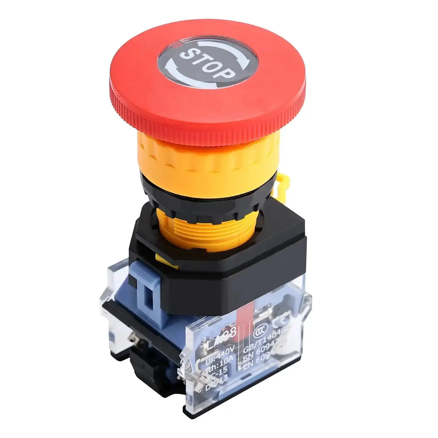 22mm Red Emergency Stop Push Button Switch With Mushroom Head Stop Signal 1NO1NC 600V 10A Type B Latching Push Lock Turn To Release Heavy Duty Electric Control Button