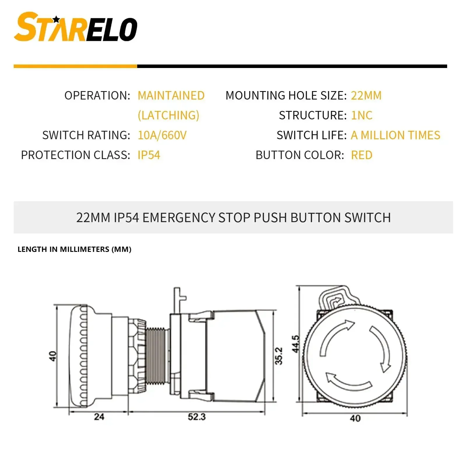 22Mm Red Mushroom Emergency Stop Button Switch Latching 1NC Normally Closed Safety Stop Switch 10A 660V IP54 With Yellow Ring For Heavy Duty Industrial Equipment - Image 7