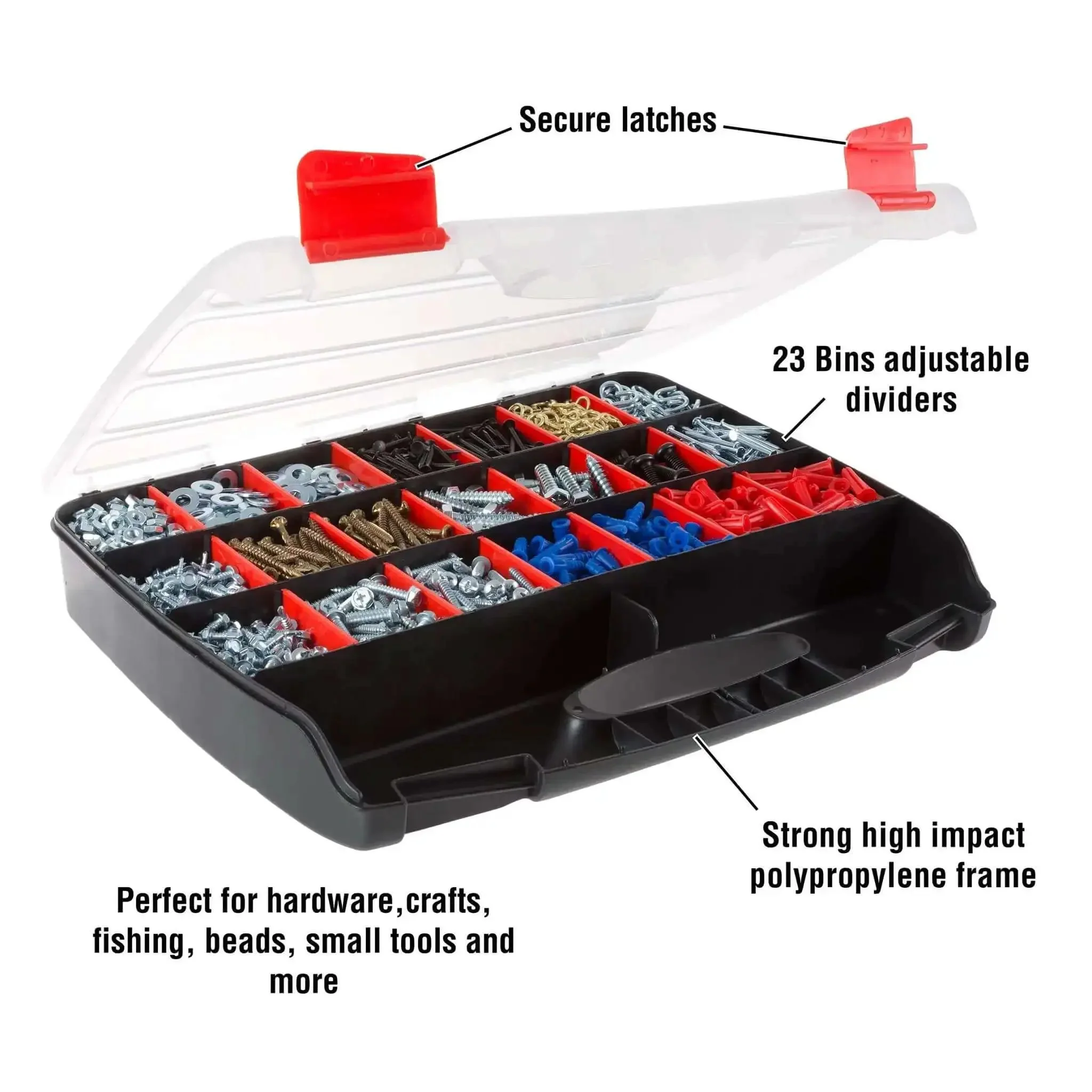 23 Compartment Small Parts Organizer Box With Removable Dividers And Secure Latches For Nuts Bolts Screws Beads Jewelry Tackle And More Grab And Go Portable Plastic Storage Case - Image 5