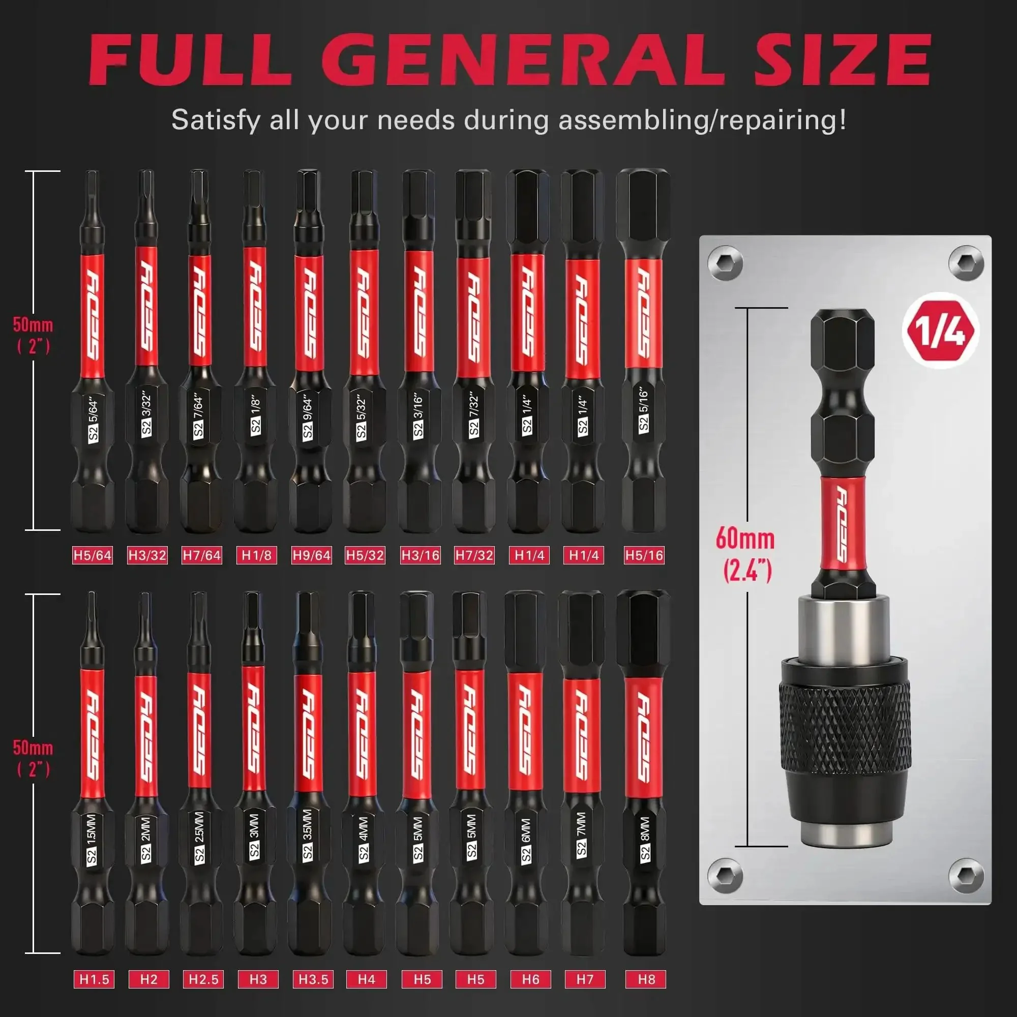 23-Piece Magnetic Hex Bit Set With 2.4 Inch Impact Bit Holder And 1 Quarter Inch Hex Shank SAE And Metric Hex Bits Pro Grade S2 Steel Allen Wrenches For Auto Repair Home DIY And Mechanic Projects - Image 8