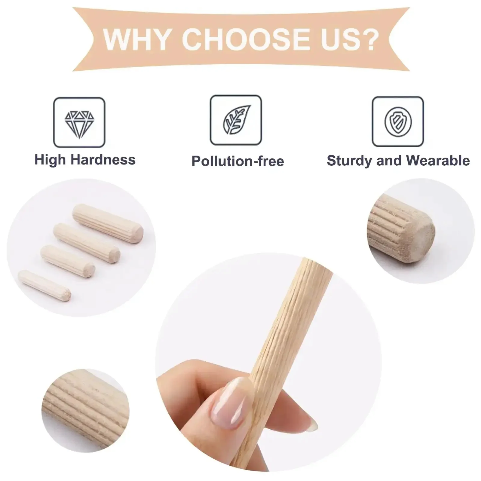 230 Piece Grooved Wooden Dowel Pins Set In One Quarter Five Sixteenth And Three Eighth Inch For Crafts Furniture And Handy DIY Projects With Fluted Bevel Edges For Easy Insertion And Strong Tight Fastening - Image 5