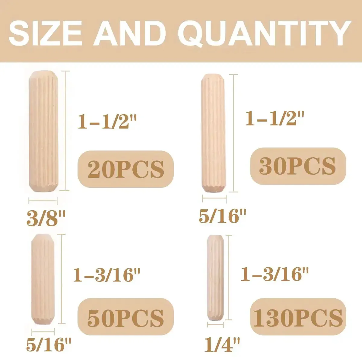 230 Piece Grooved Wooden Dowel Pins Set In One Quarter Five Sixteenth And Three Eighth Inch For Crafts Furniture And Handy DIY Projects With Fluted Bevel Edges For Easy Insertion And Strong Tight Fastening - Image 7
